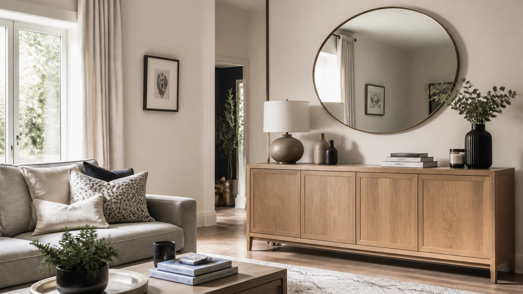 A bright, airy contemporary UK living room featuring large wall mirrors and minimalist interior styling