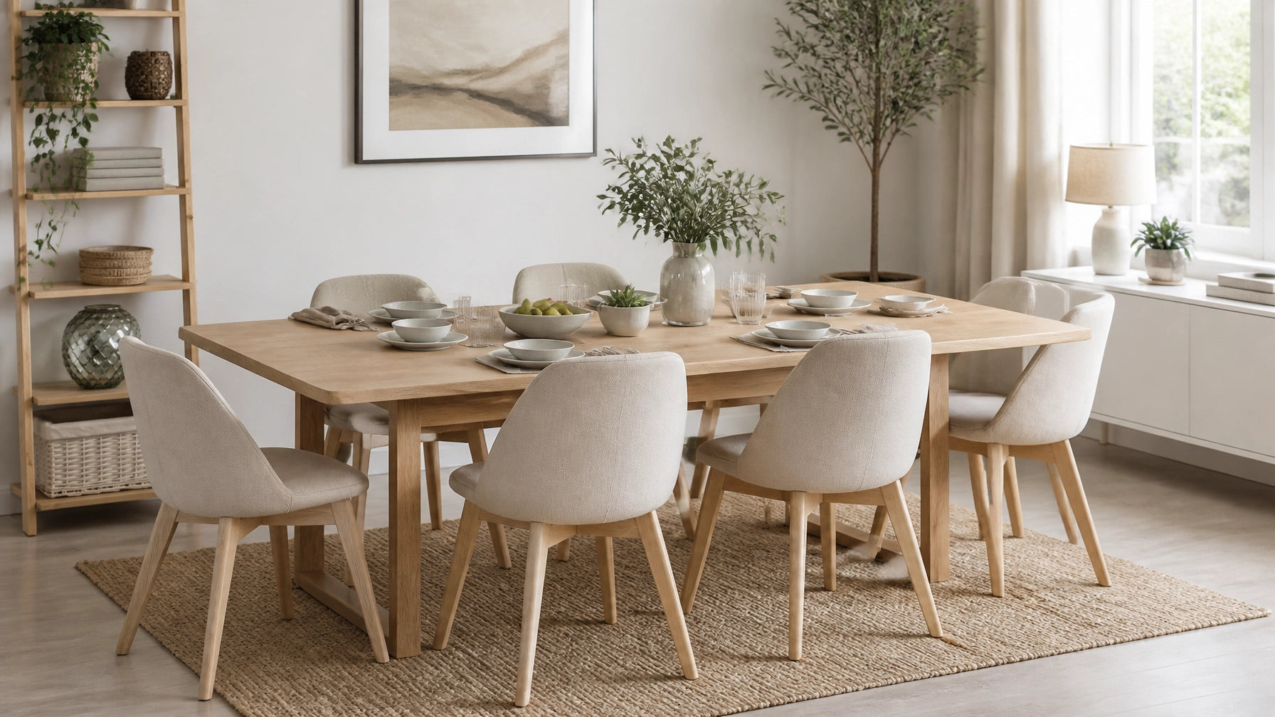 Bright contemporary dining room with an extendable dining table prepared for hosting