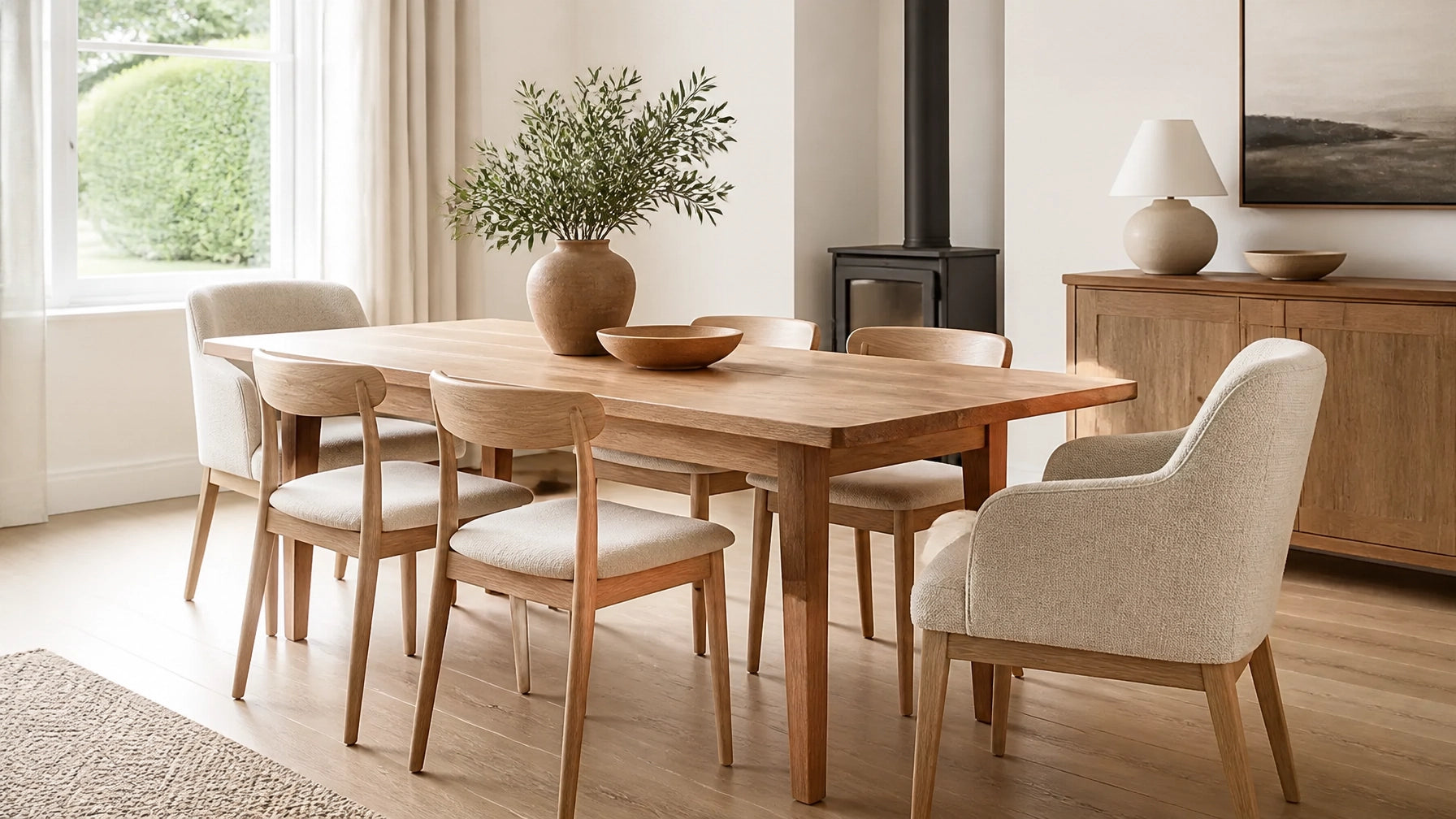 Bright contemporary dining room with a modern wooden table and deliberately mixed neutral dining chairs