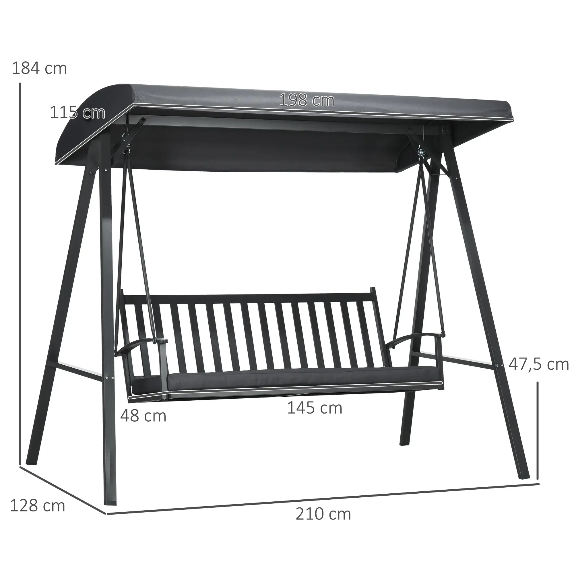 Black metal swing with dimensions labeled on a white background