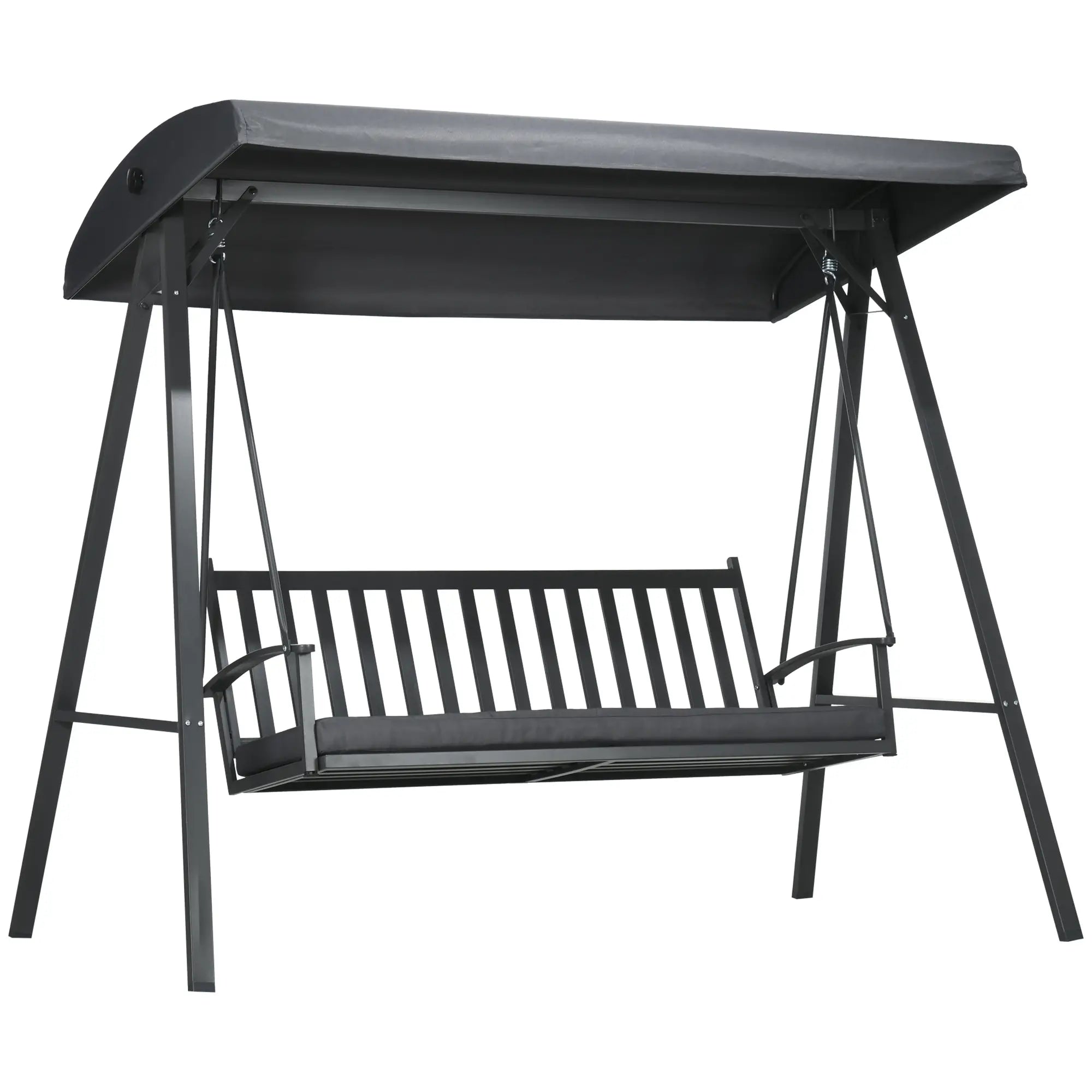 Black metal swing with canopy on a white background