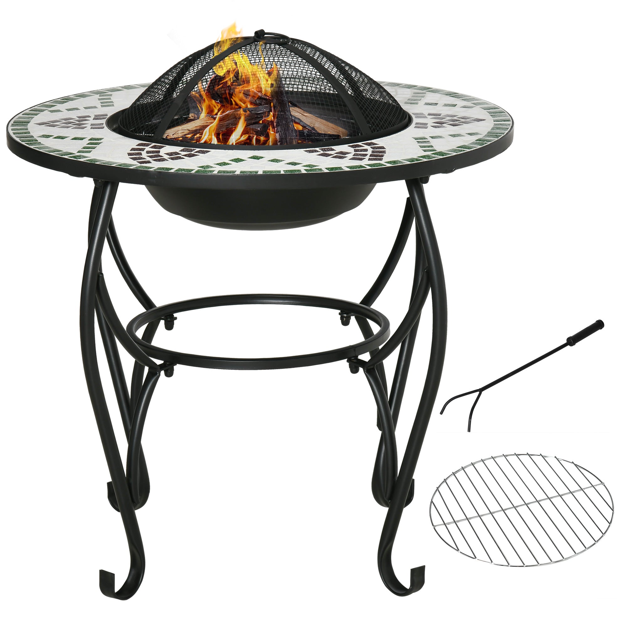 Mosaic fire pit table with flames, fire poker, and grill grate on a white background
