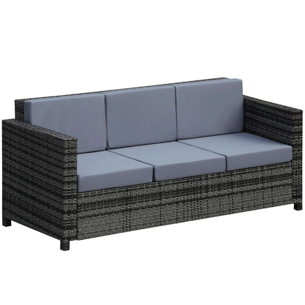 Outdoor sofa with dark woven frame and light blue cushions on a white background