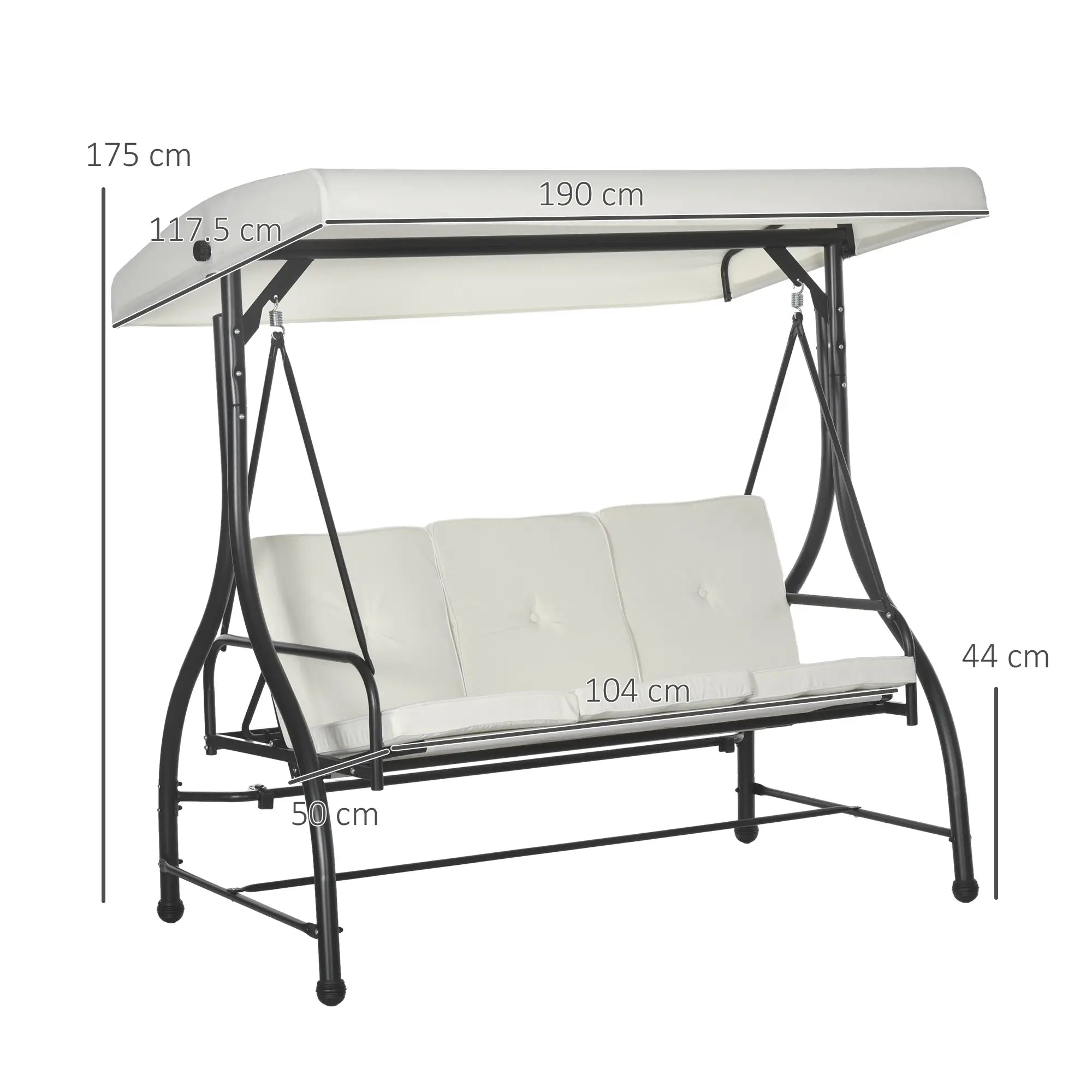 Garden swing with canopy and dimensions labeled on a white background