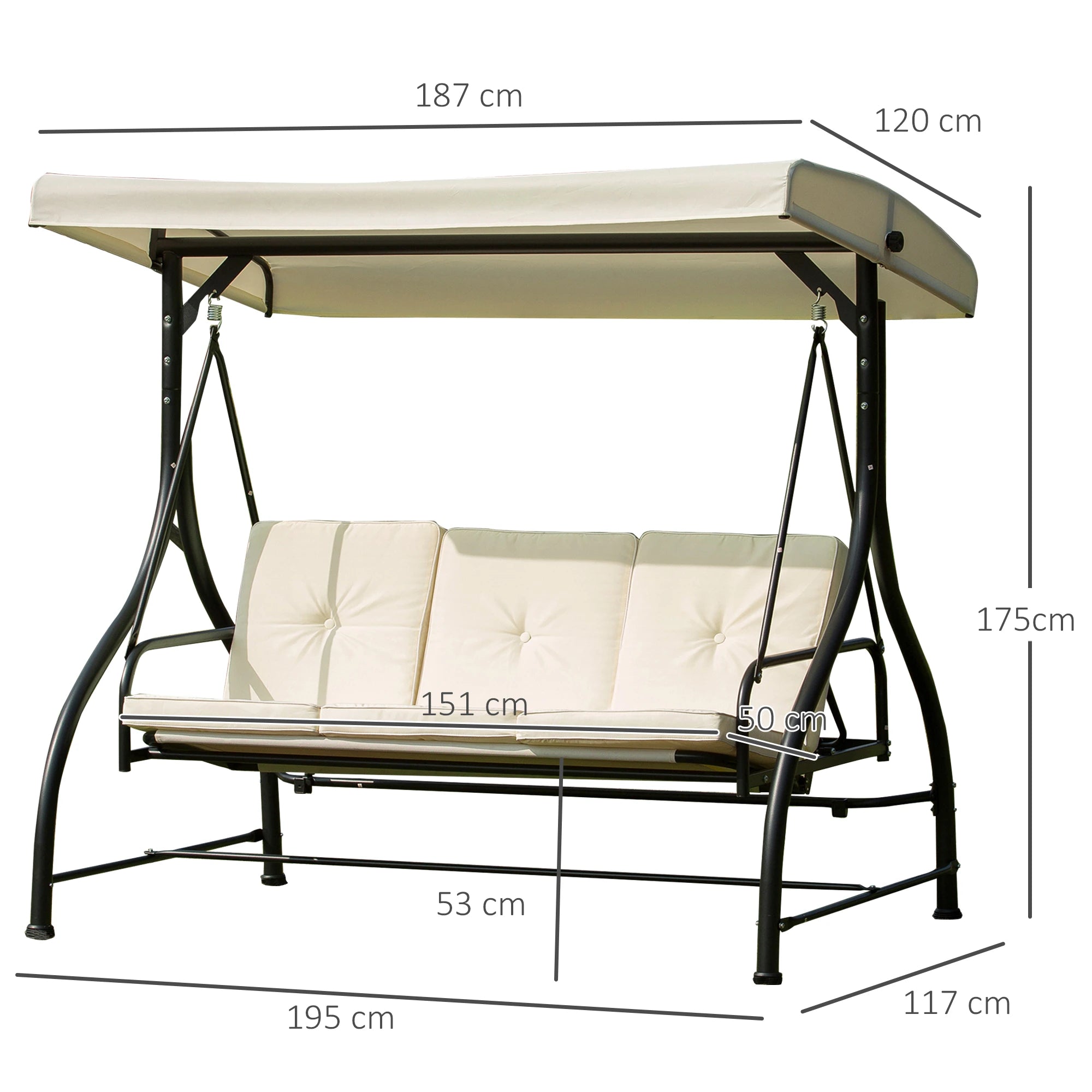 Outdoor swing chair with canopy and dimensions labeled