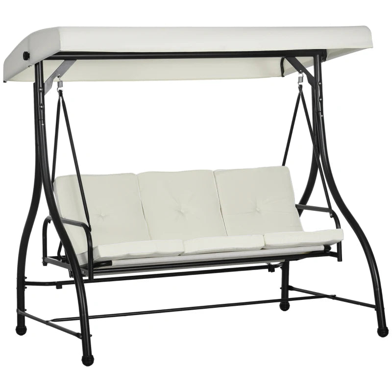 White three-seater outdoor swing with canopy on a white background