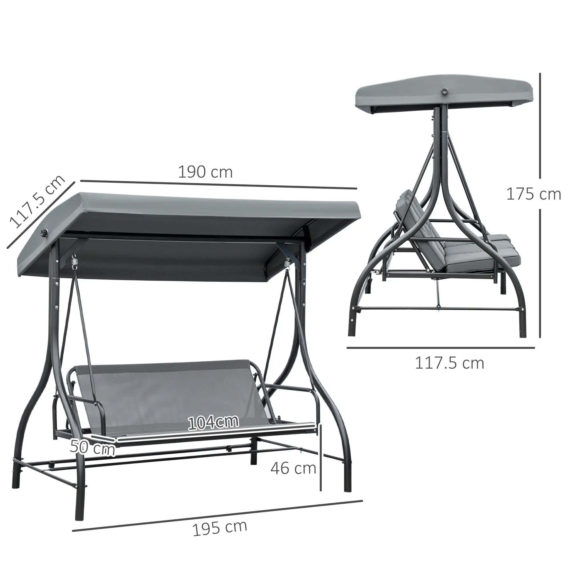 Garden swing with dimensions labeled on a white background