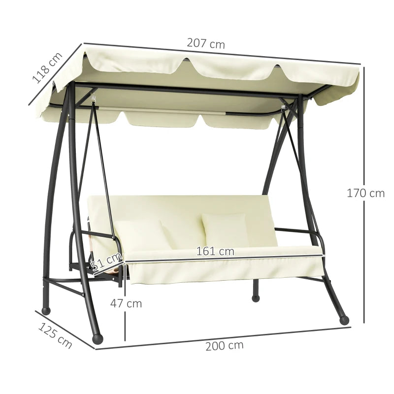 Garden swing with canopy and dimensions labeled