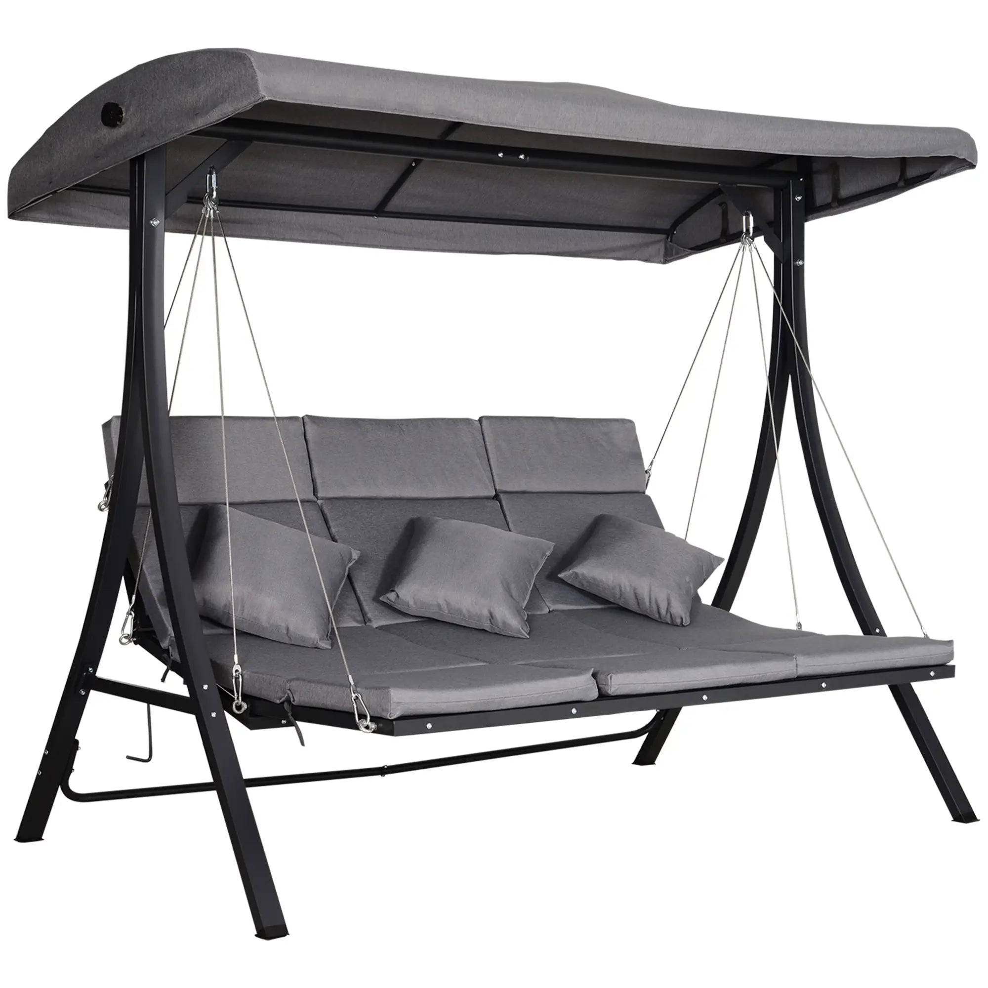 Gray swing chair with canopy on a white background