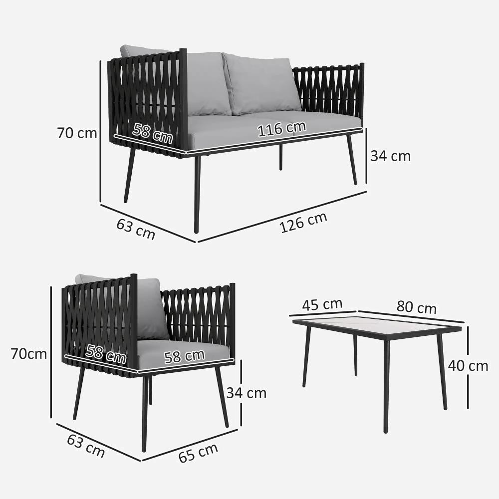 Dimensions of a black outdoor bench with gray cushions and a matching table on a white background.