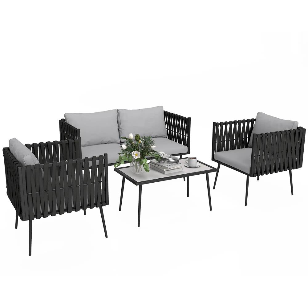 Outdoor furniture set with black frames and gray cushions on a white background