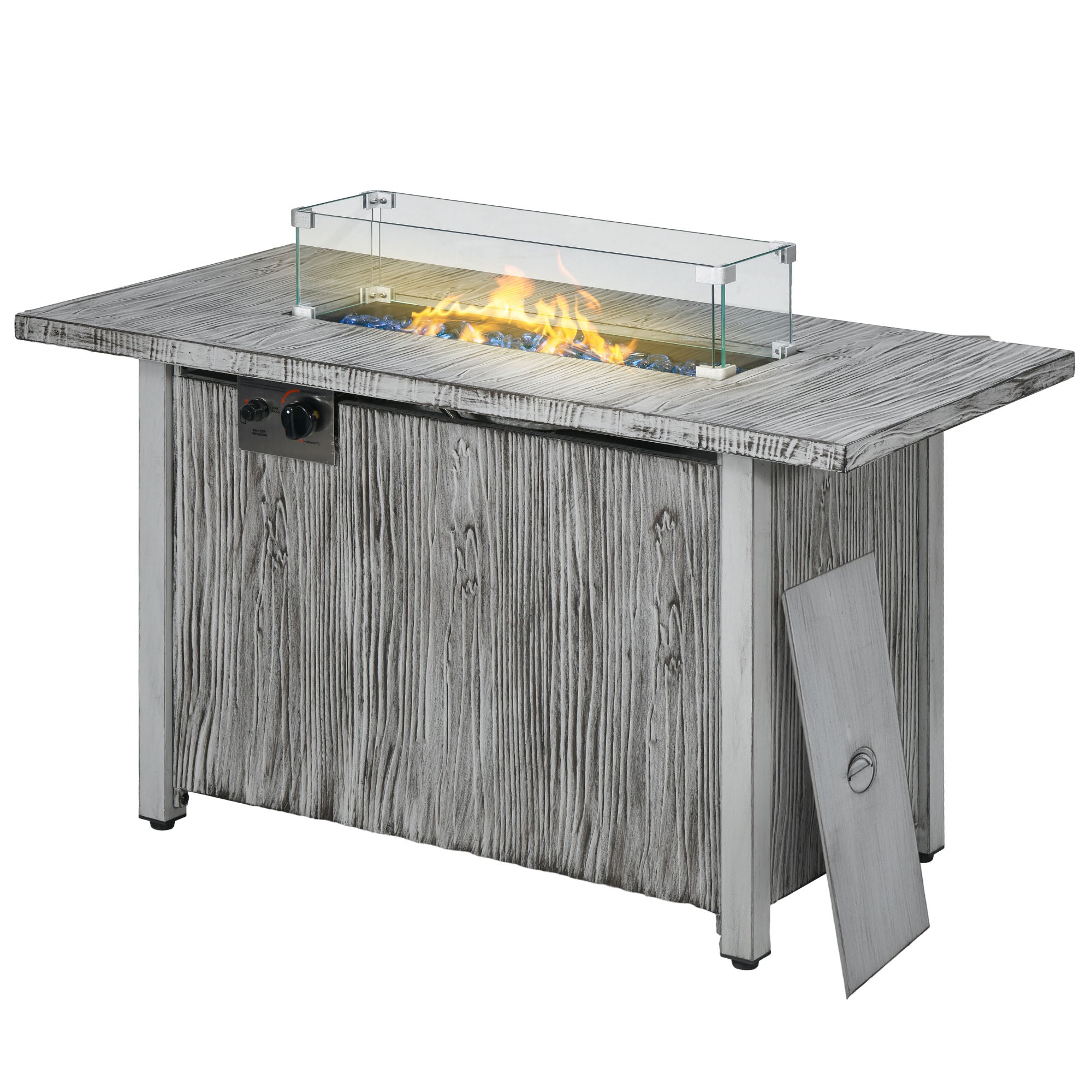 Outdoor fire table with glass panel on a white background