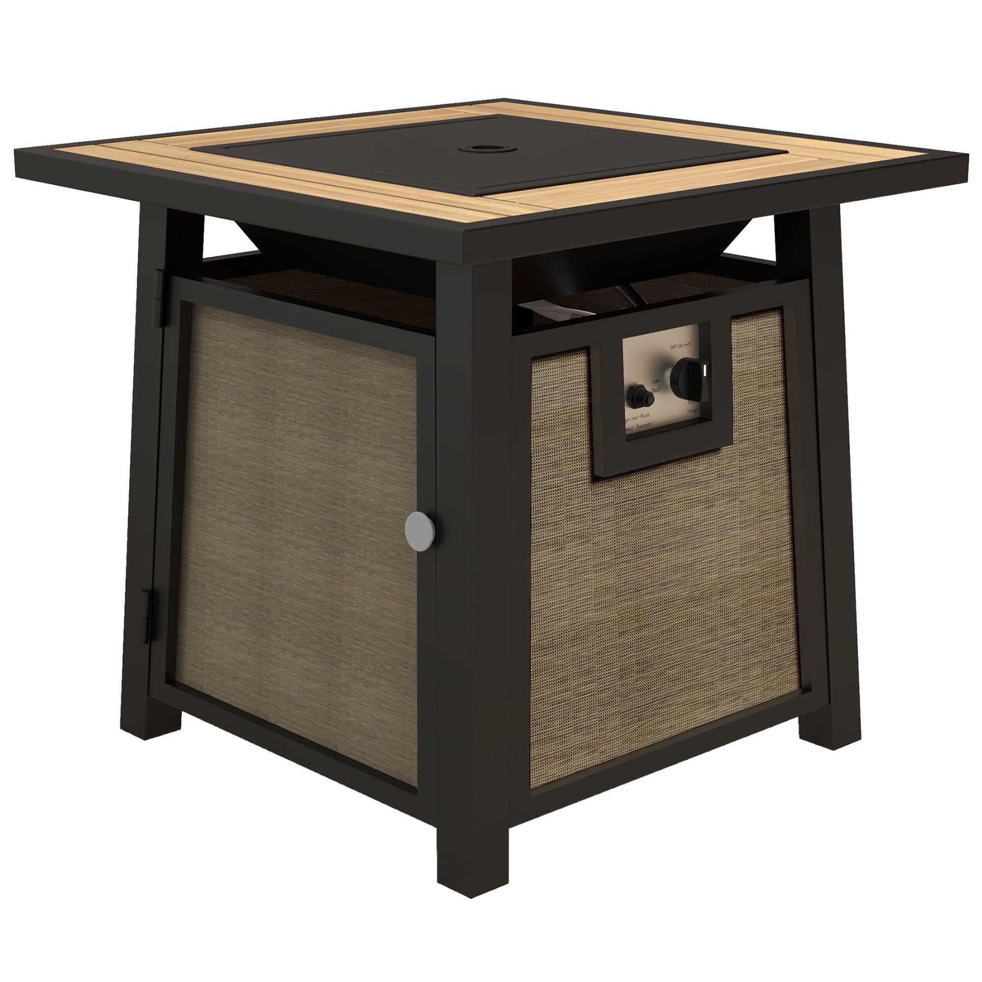Outdoor fire pit table with black top and wooden sides on a white background