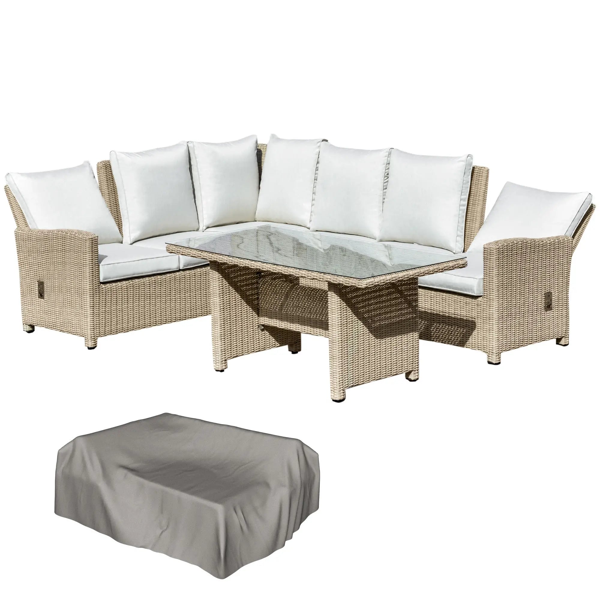 Outdoor furniture set with wicker chairs, table, and ottoman on a white background