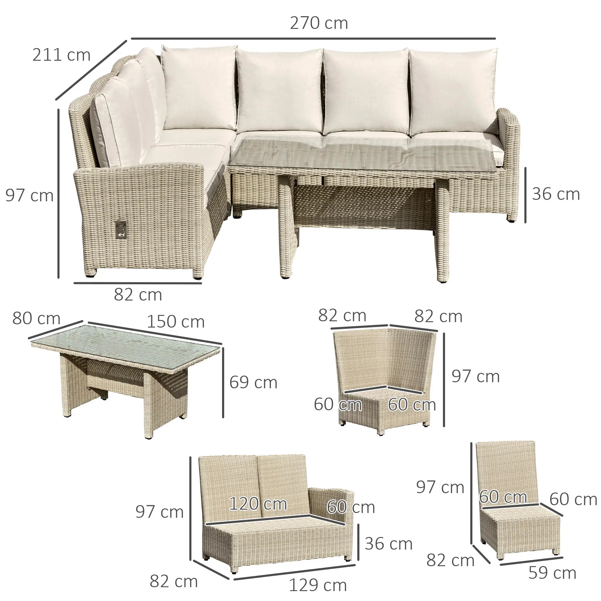 Outdoor furniture set with dimensions labeled on a white background