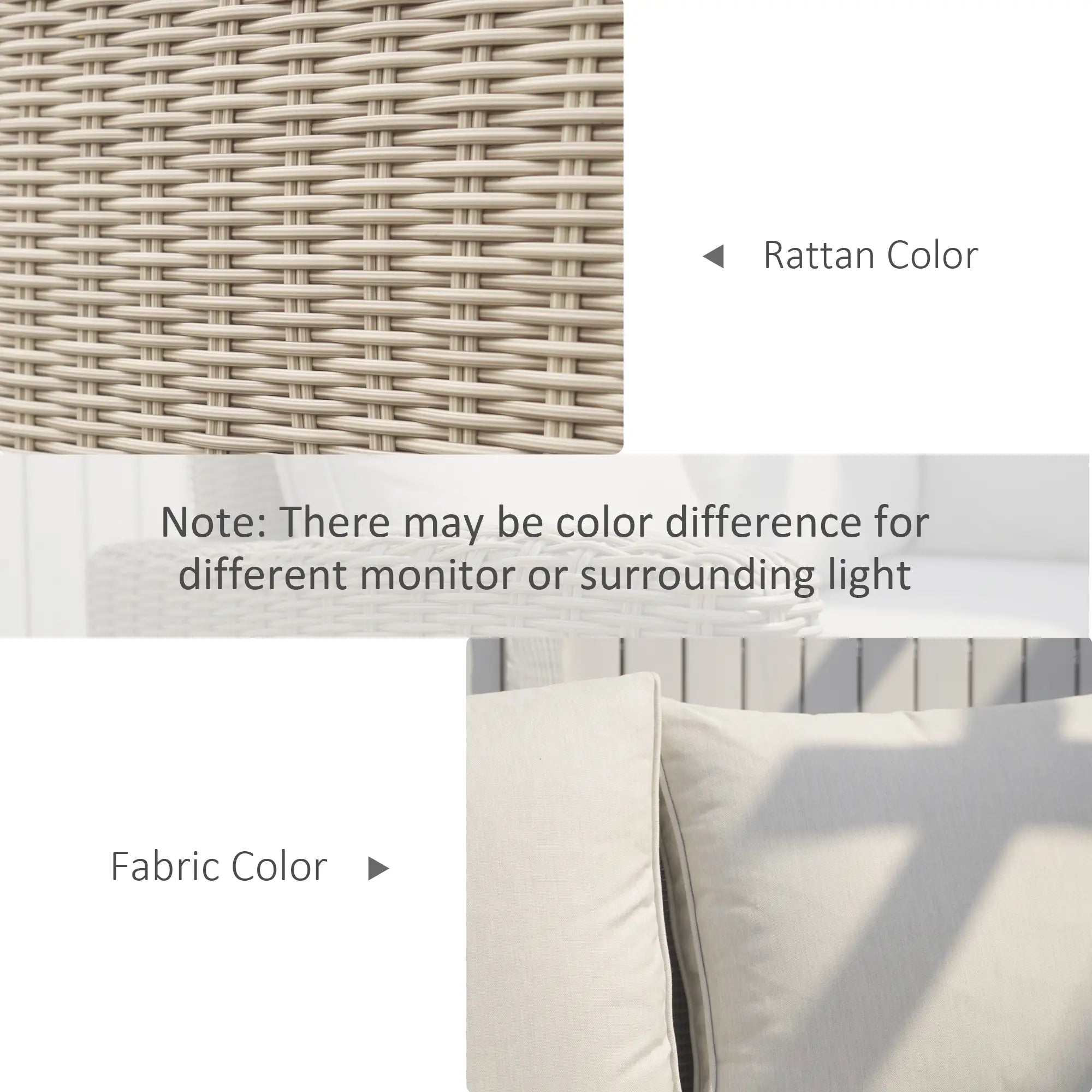 Close-up of rattan and fabric textures with text indicating color differences.