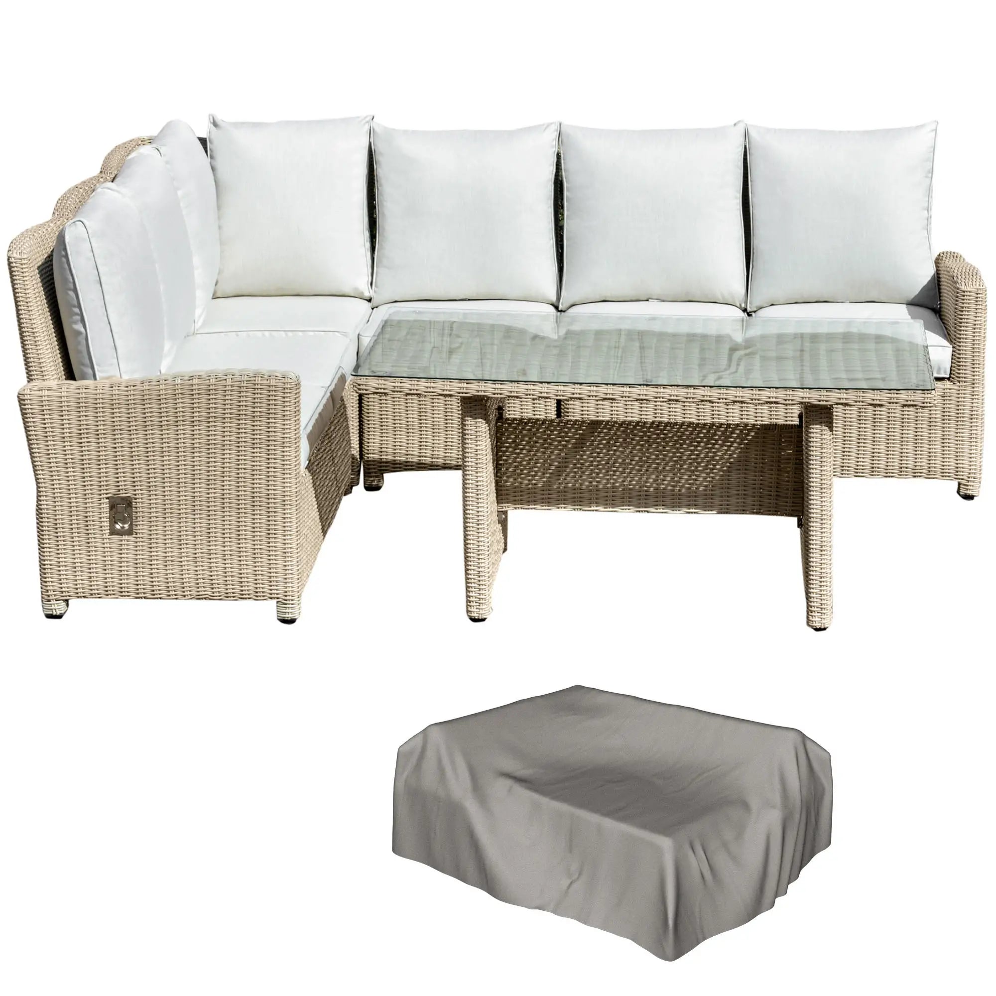 Outdoor furniture set with a sectional sofa, coffee table, and cover on a white background