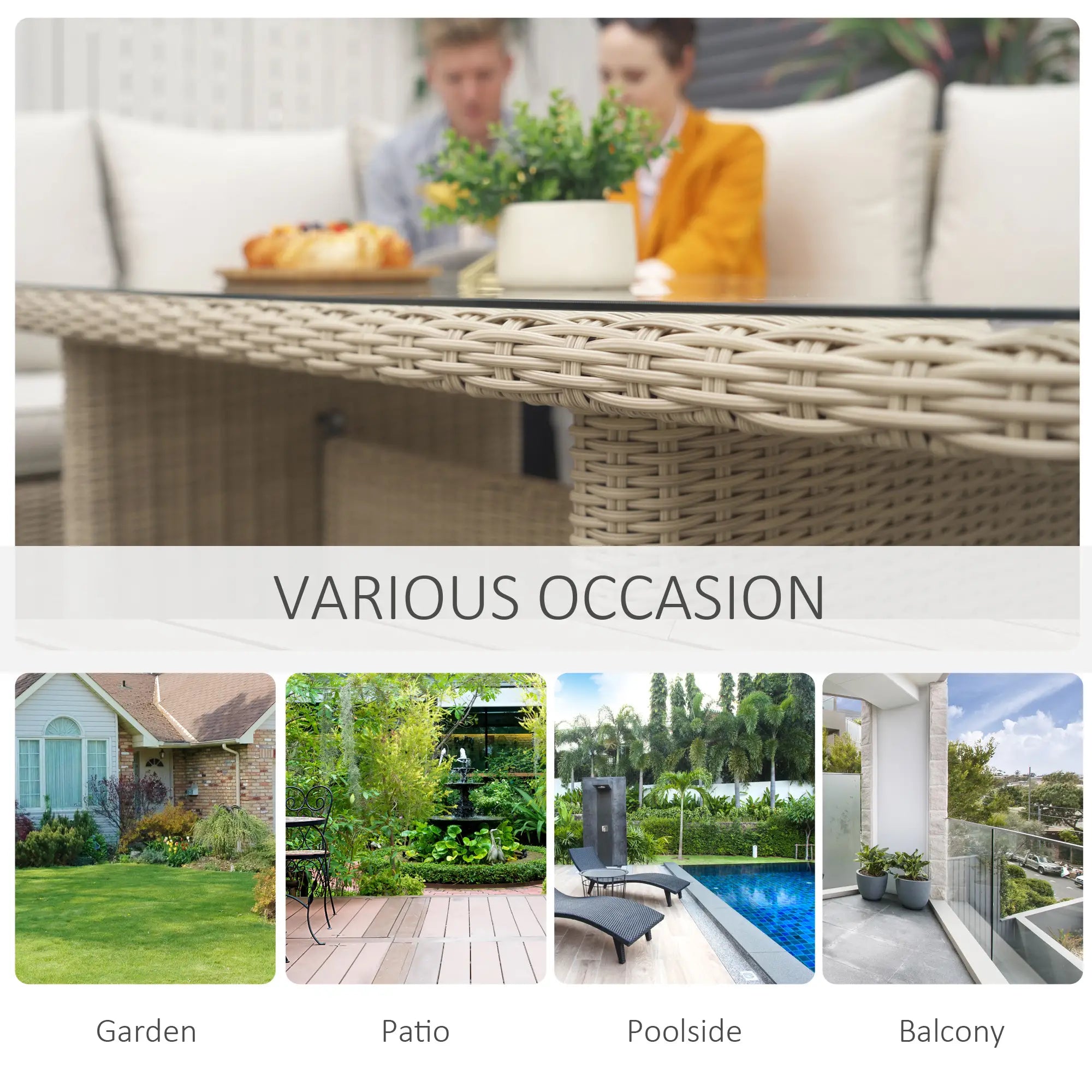 People sitting at a patio table with a blurred background, featuring images of a garden, patio, poolside, and balcony.