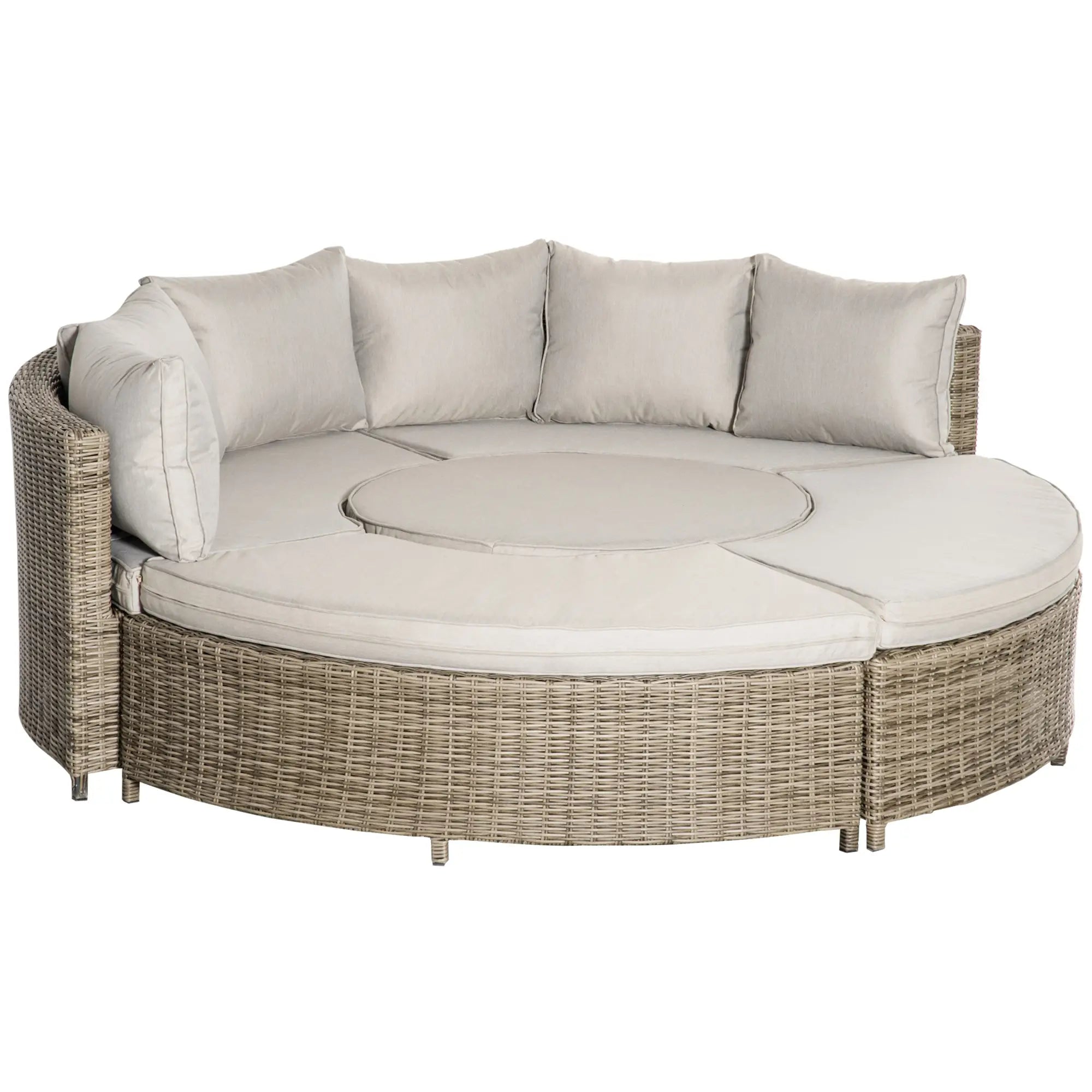 Round outdoor sofa with wicker frame and light gray cushions on a white background