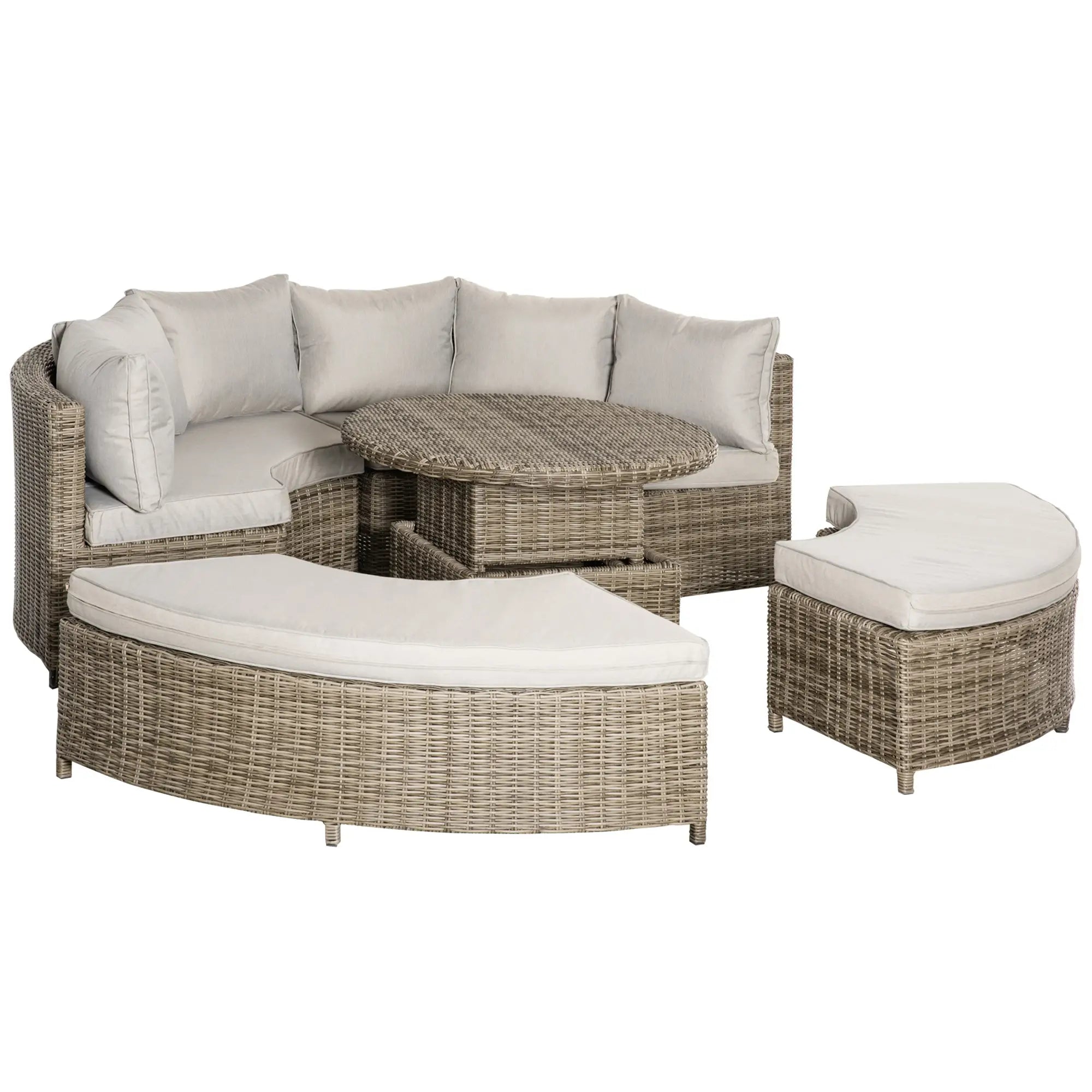 Outdoor patio furniture set with wicker chairs and table on a white background