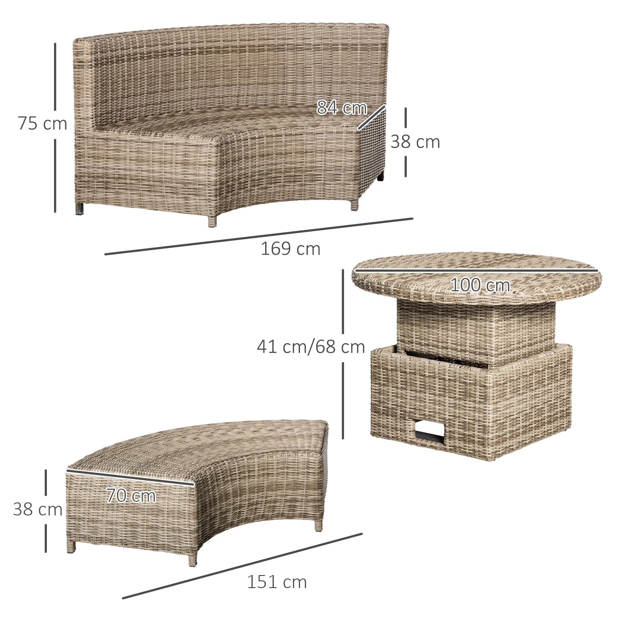 Wicker outdoor furniture set with dimensions on a white background