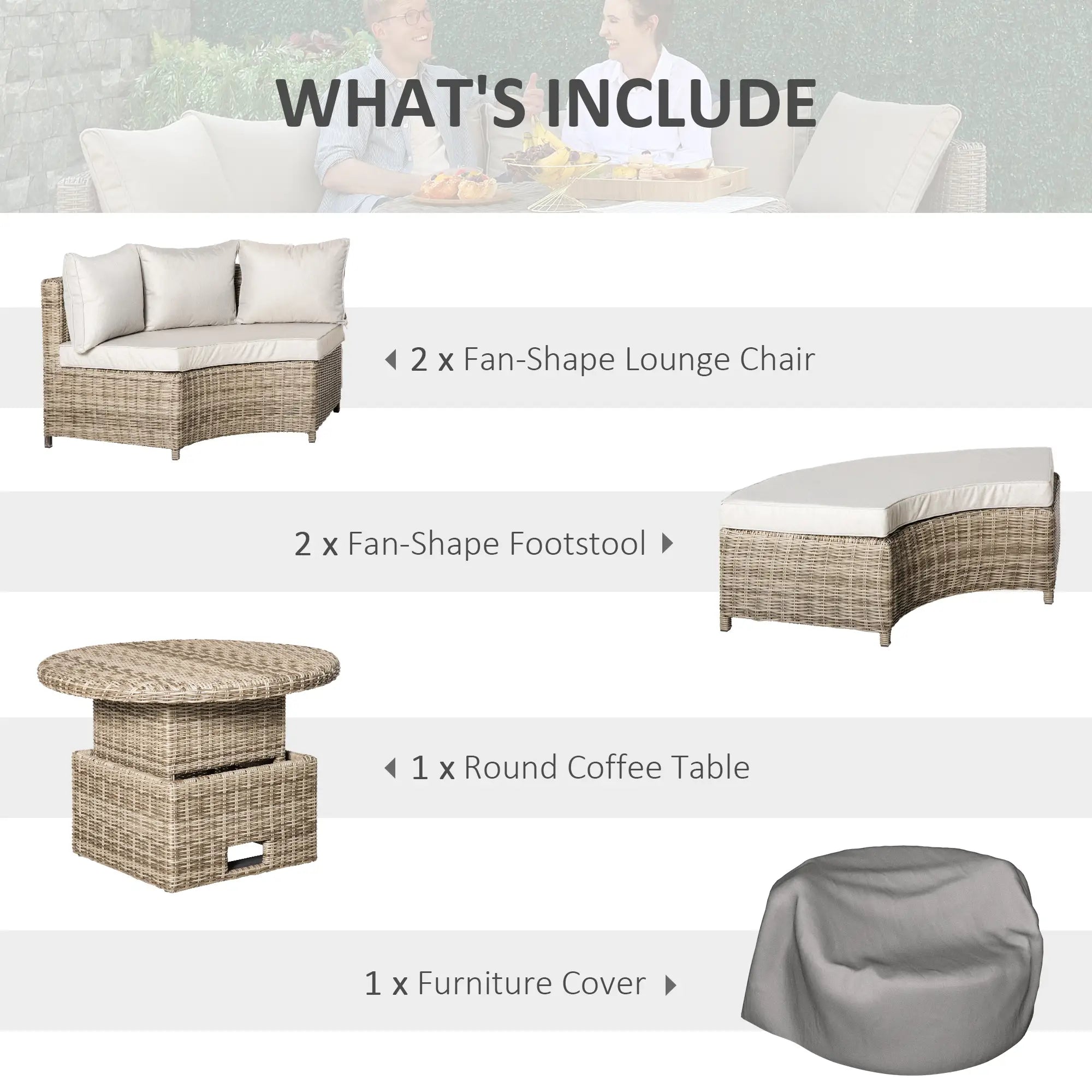 Outdoor furniture set with fan-shaped lounge chair, footstool, round coffee table, and furniture cover on a white background.