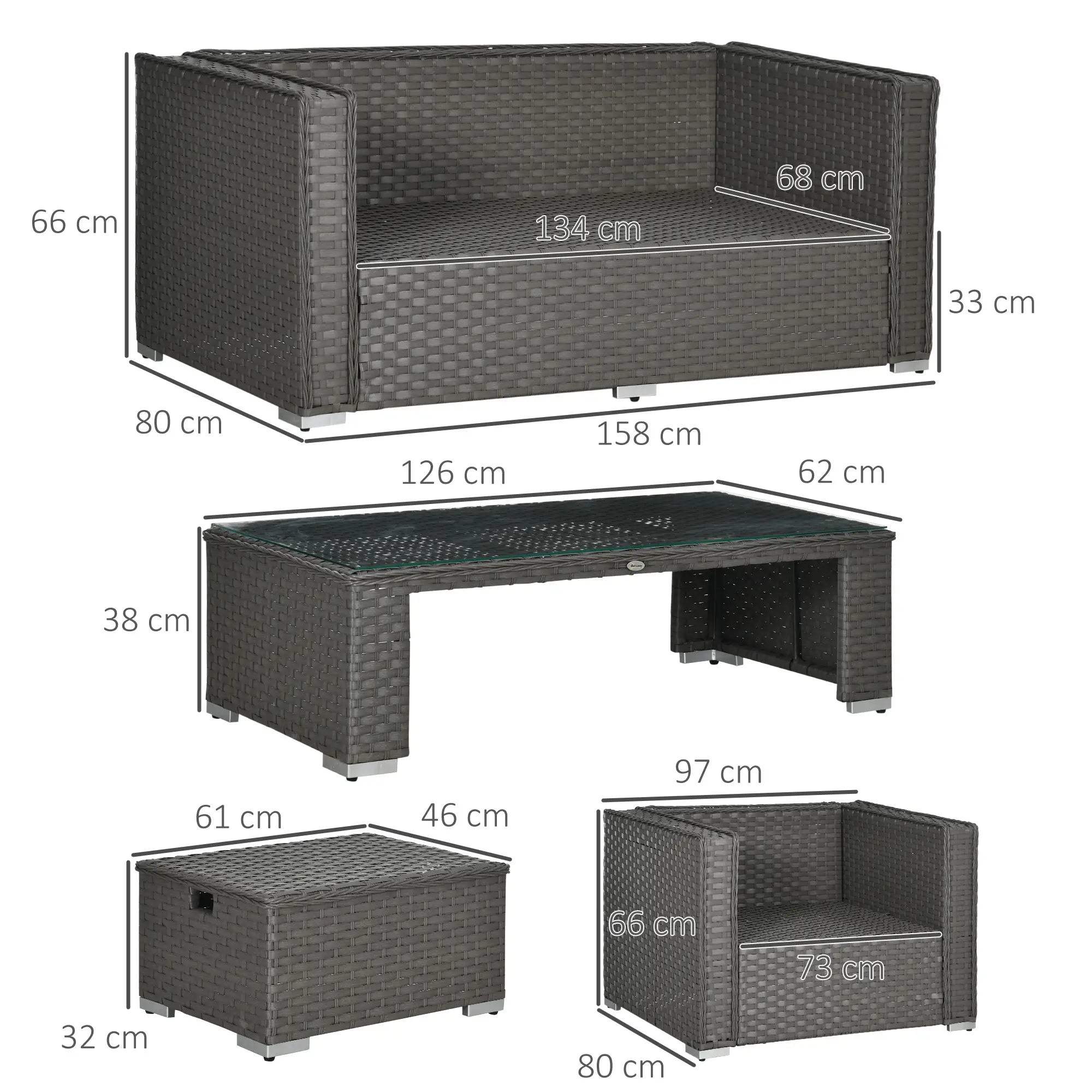 Dimensions of outdoor furniture set including a sofa, table, and two armchairs.