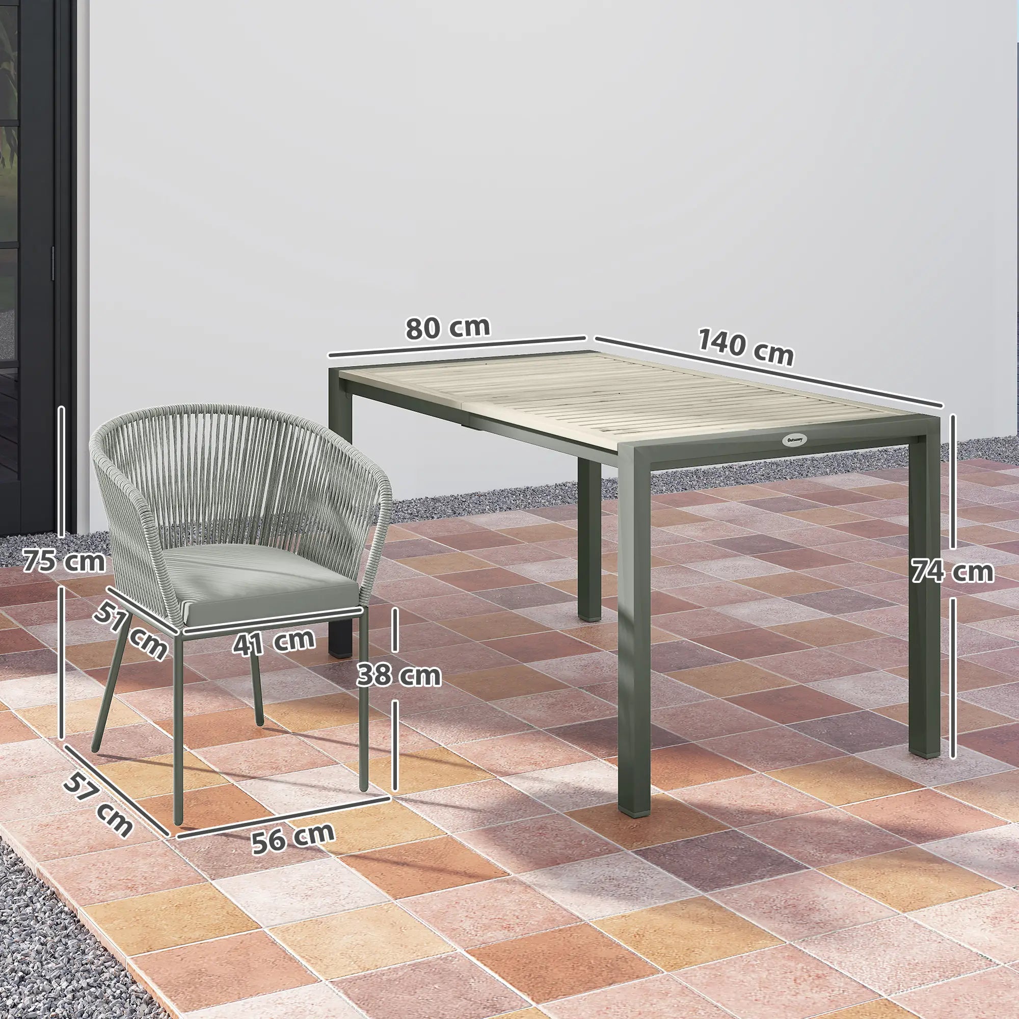 Outdoor furniture set with table and chair on a tiled patio, showing dimensions.