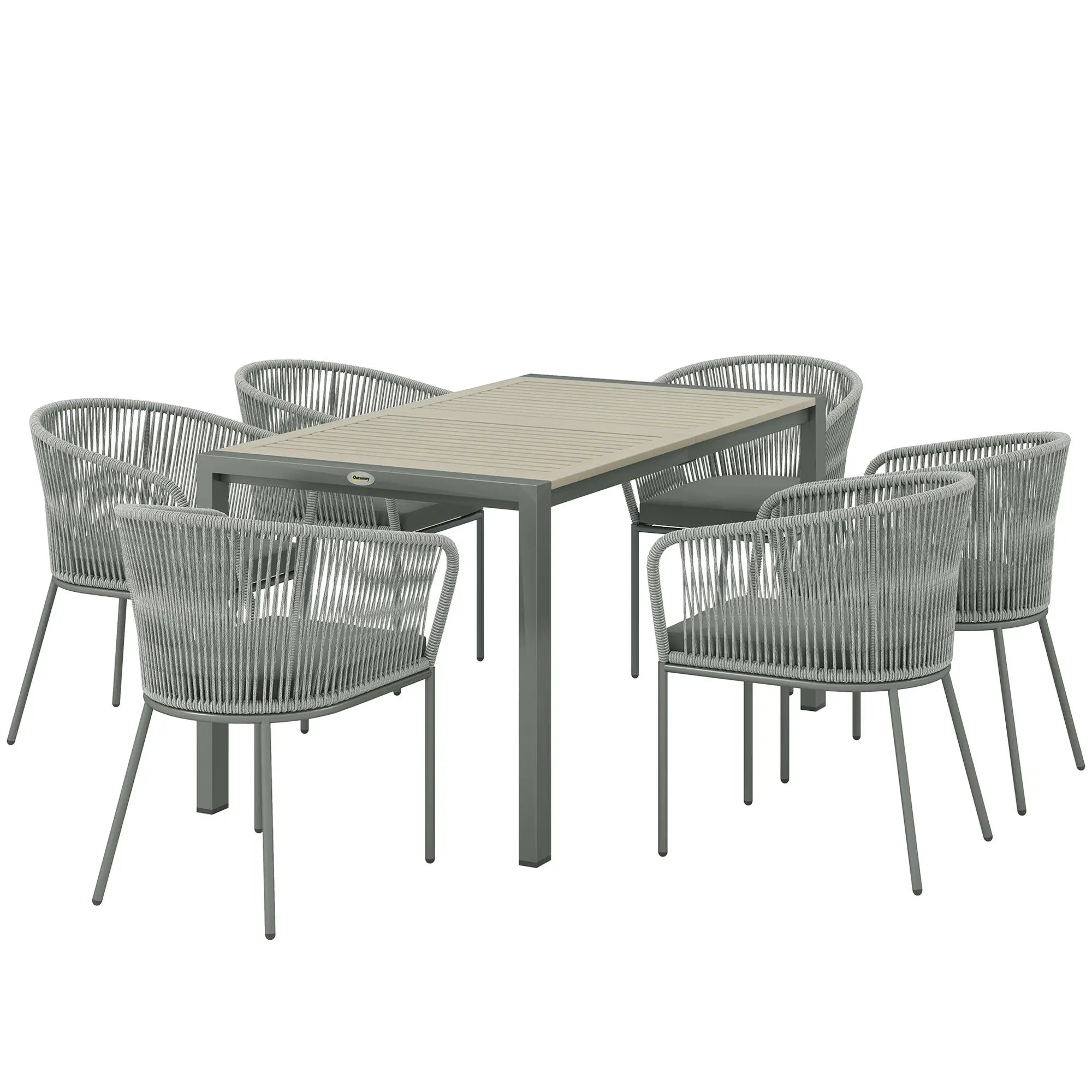 Outdoor dining set with a rectangular table and six chairs on a white background