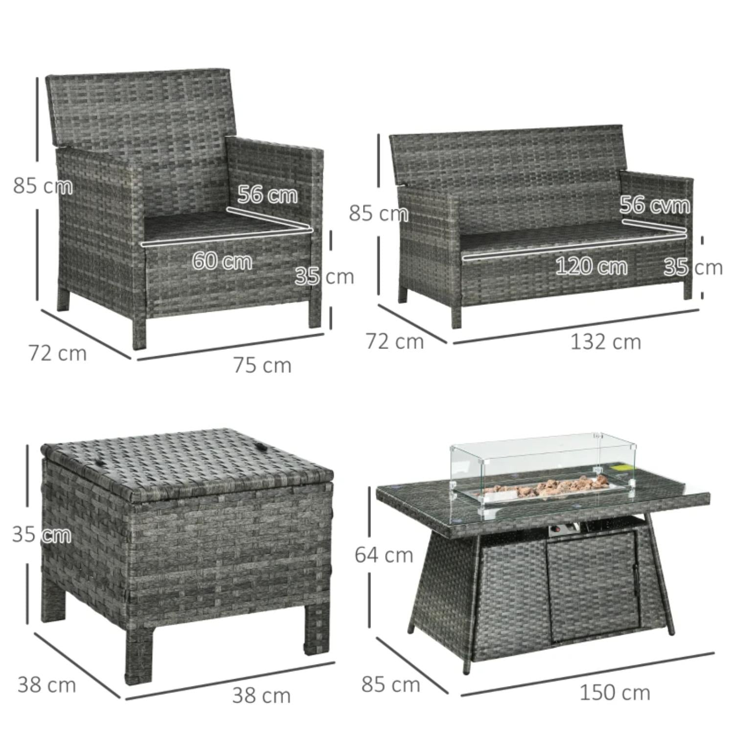 Dimensions of outdoor furniture set including chairs, table, and fire pit on a white background