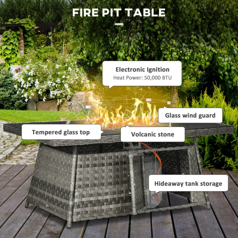 Fire pit table with features highlighted on a wooden deck