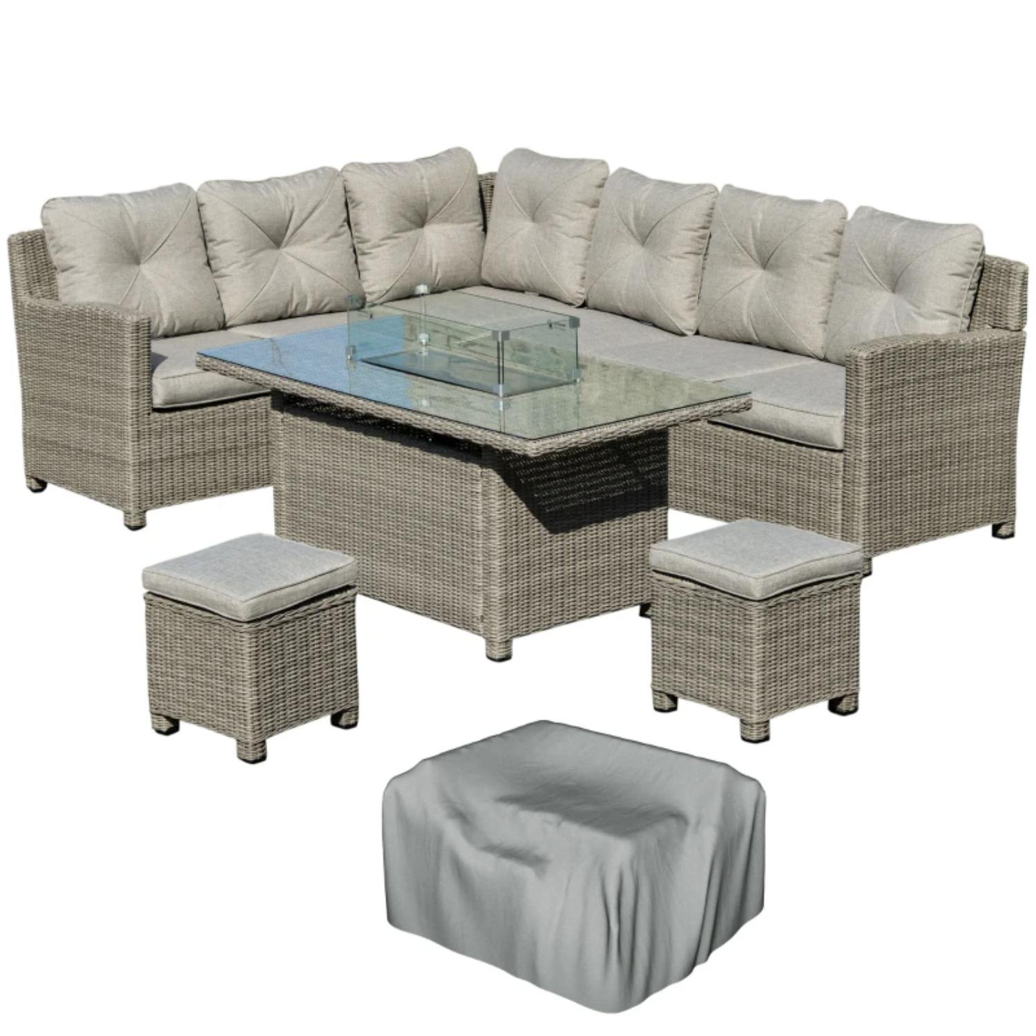 Outdoor patio furniture set with sectional sofa, ottomans, and fire pit table on a white background.