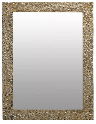 Rectangular mirror with a textured gold frame on a white background