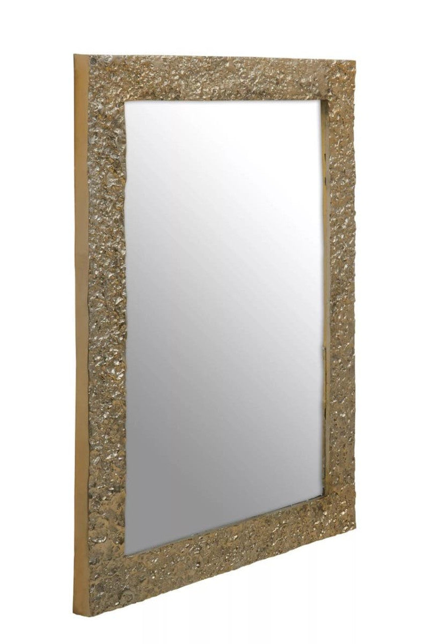 Rectangular mirror with a textured gold frame on a white background