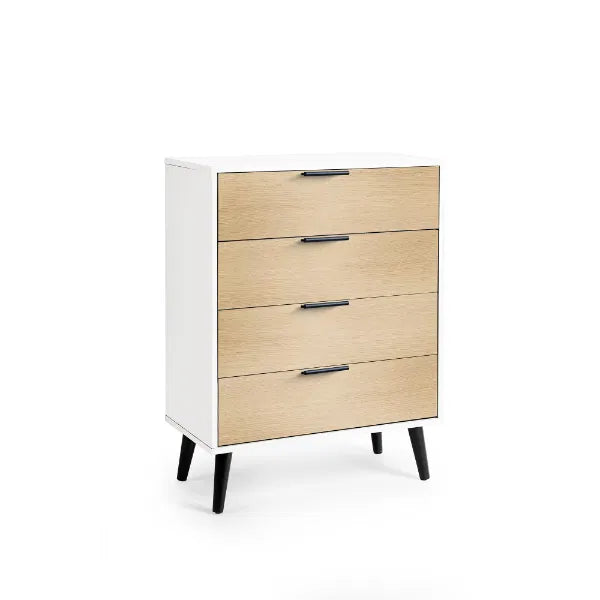 Two-toned dresser with white and wood finish on a white background