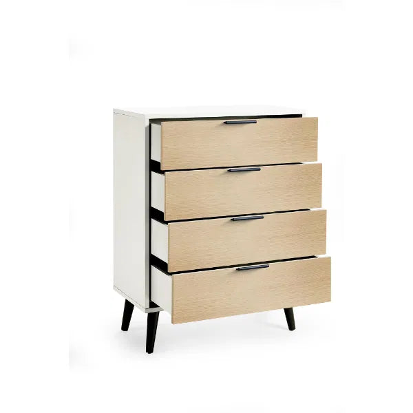 Three-drawer dresser with white and wood finish on a white background