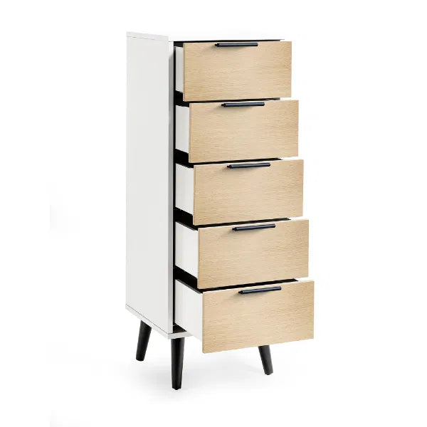Tall white cabinet with multiple drawers on a white background