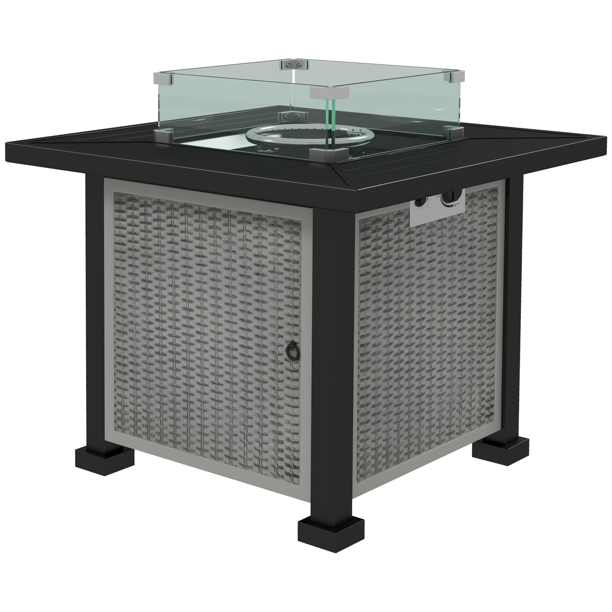 Outdoor fire pit table with wicker design and glass cover on a white background