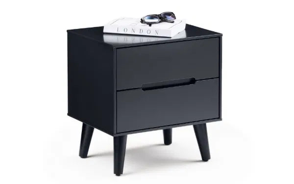Black nightstand with two drawers on a white background
