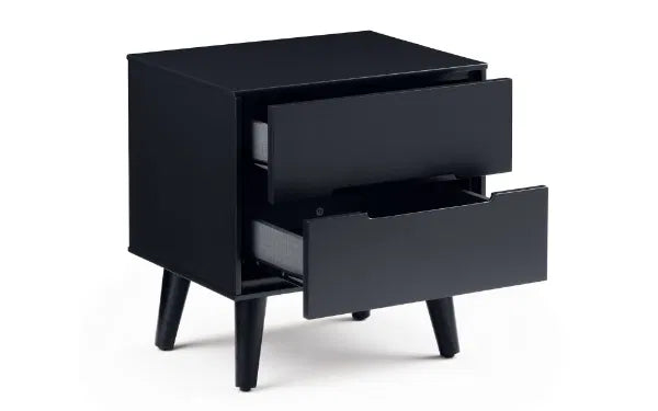 Black nightstand with two drawers on a white background