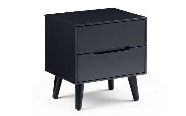 Black nightstand with two drawers on a white background