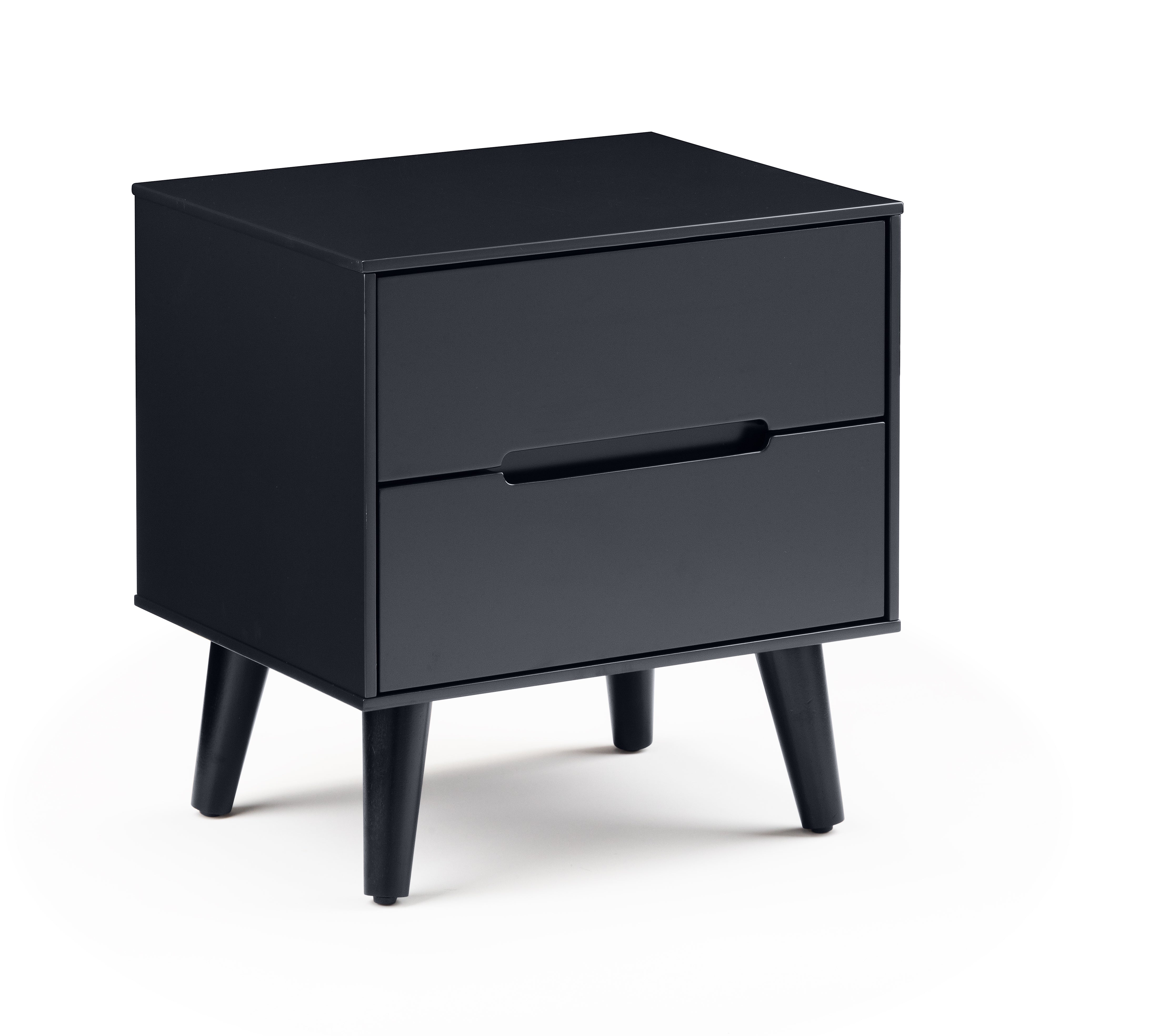 Black nightstand with two drawers on a white background