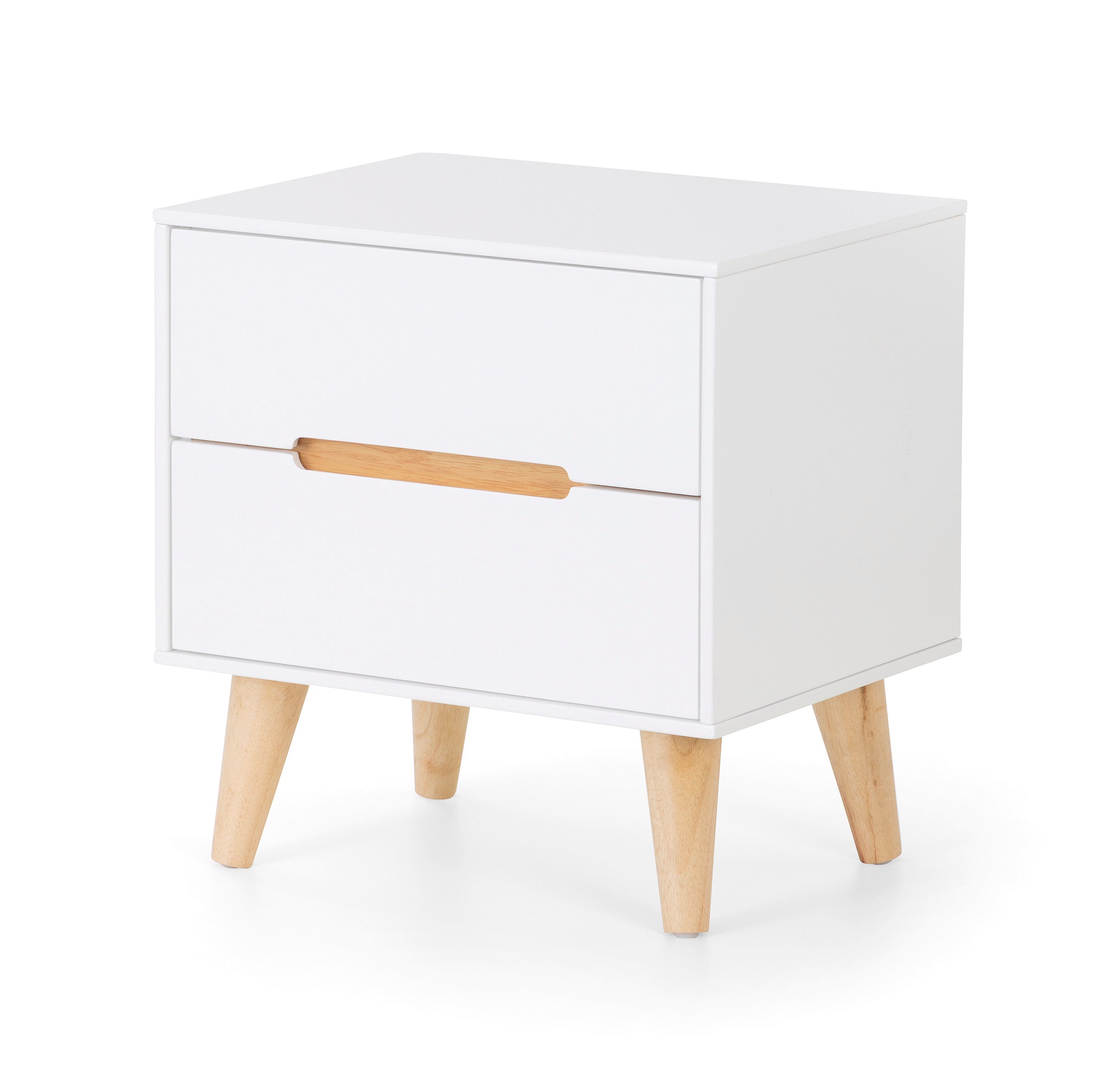 White nightstand with wooden legs and handle on a white background