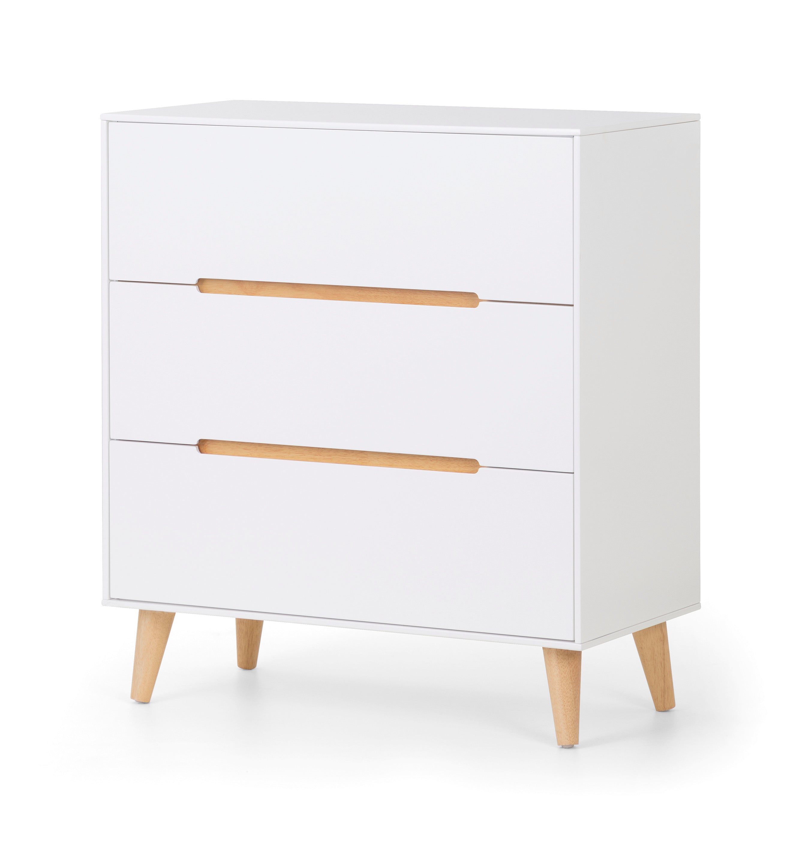 White dresser with wooden handles and legs on a white background