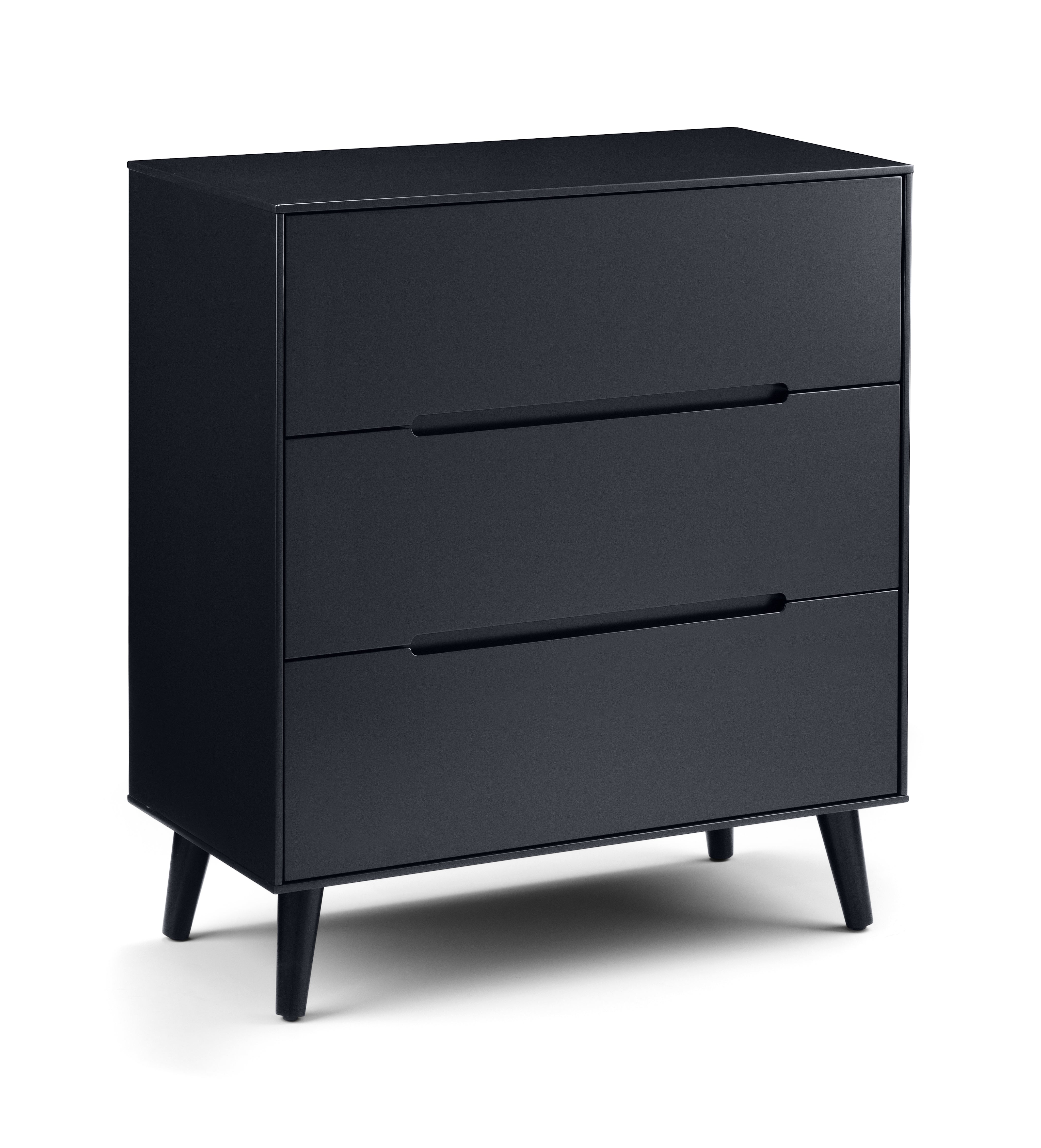 Black dresser with three drawers on a white background