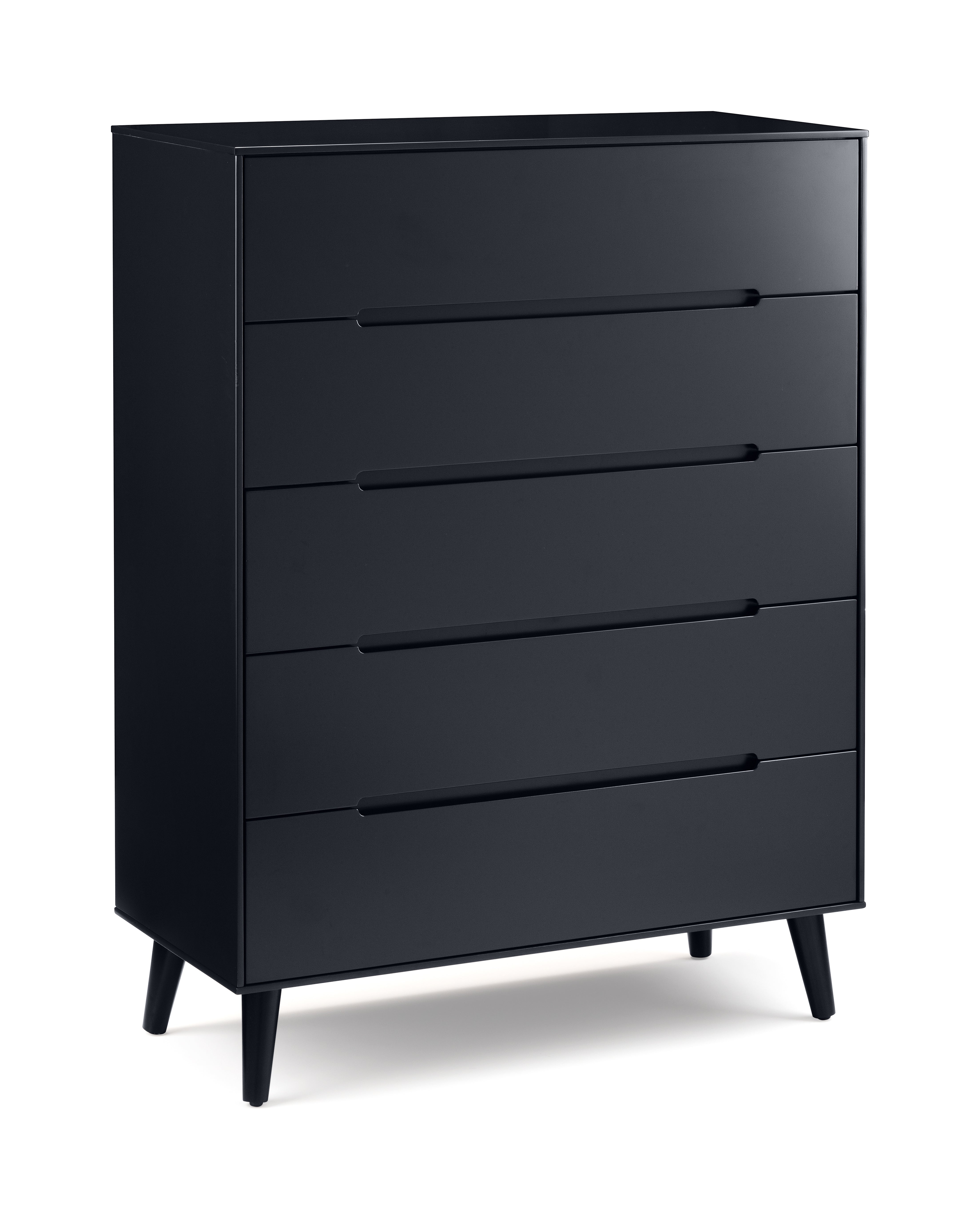 Black dresser with five drawers on a white background
