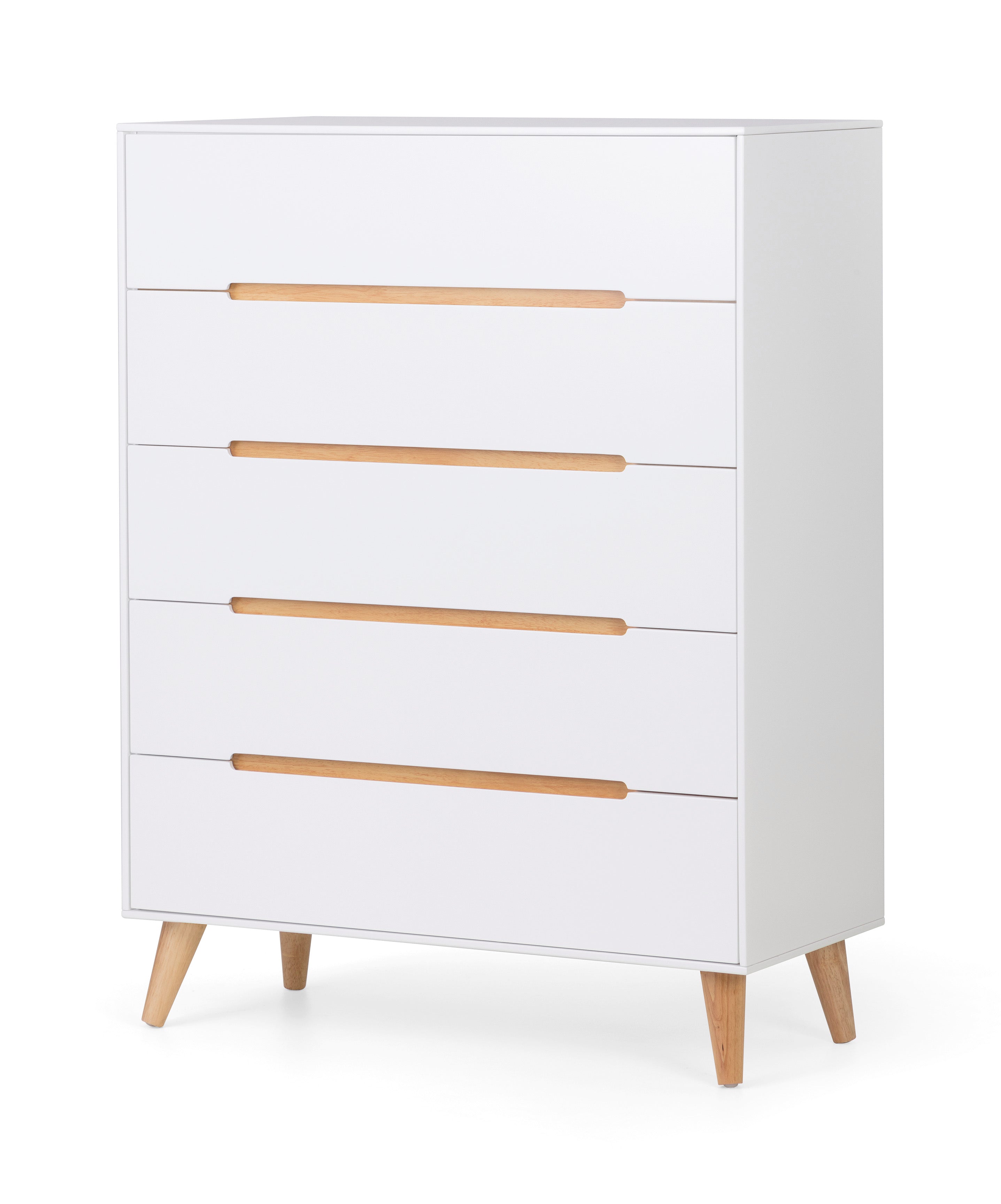 White dresser with wooden drawers and legs on a white background