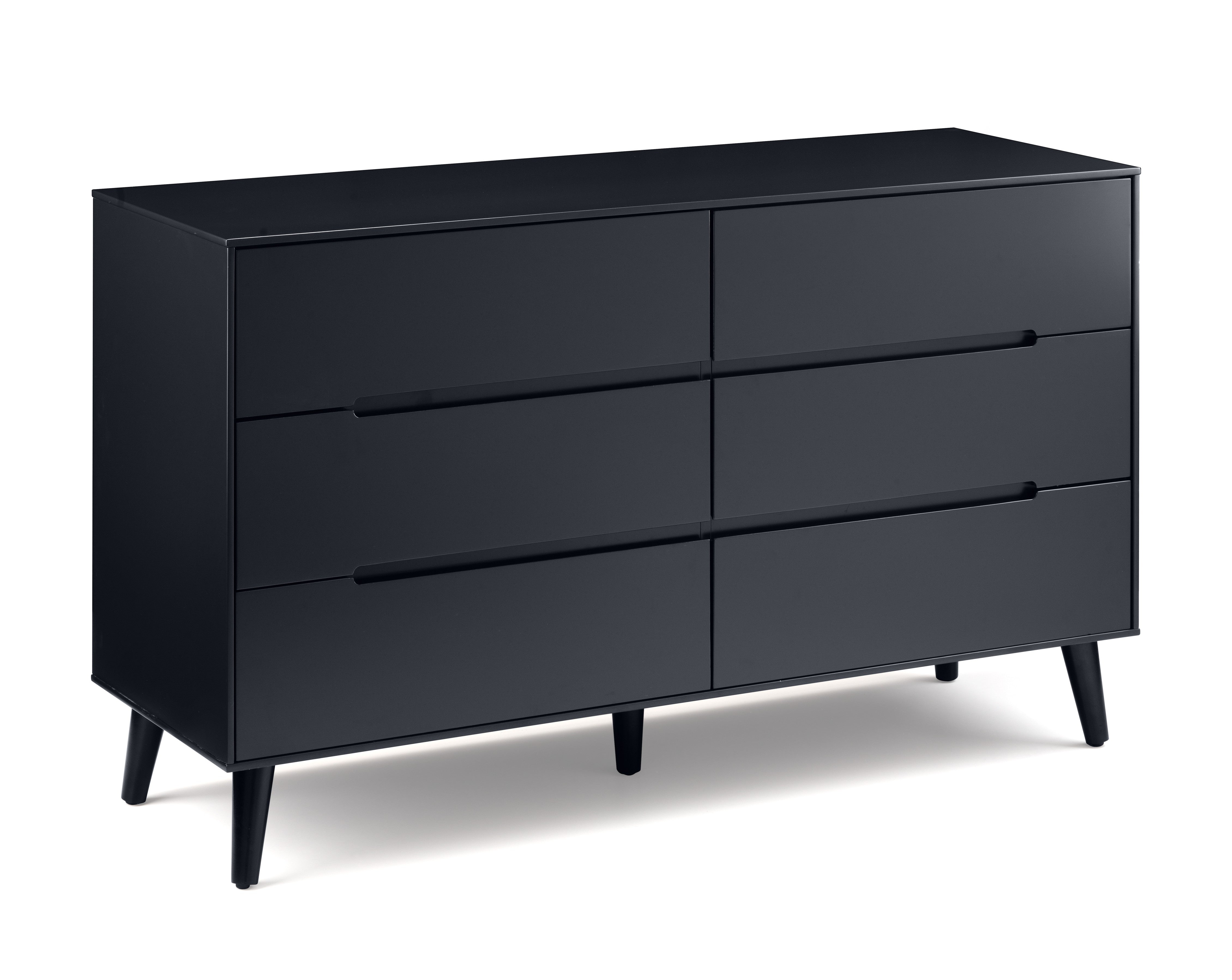 Black dresser with six drawers on a white background