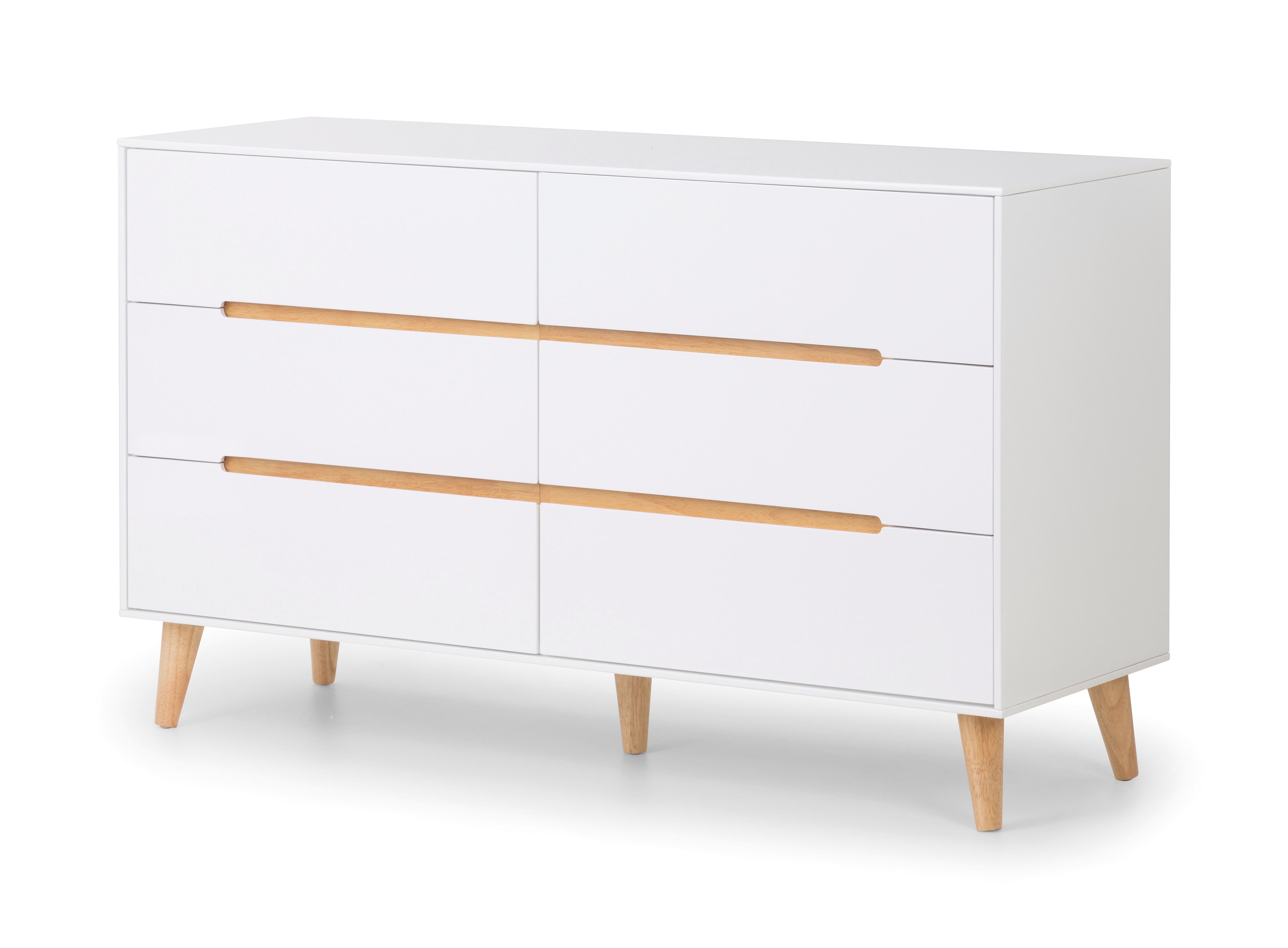 White dresser with wooden drawers and legs on a white background