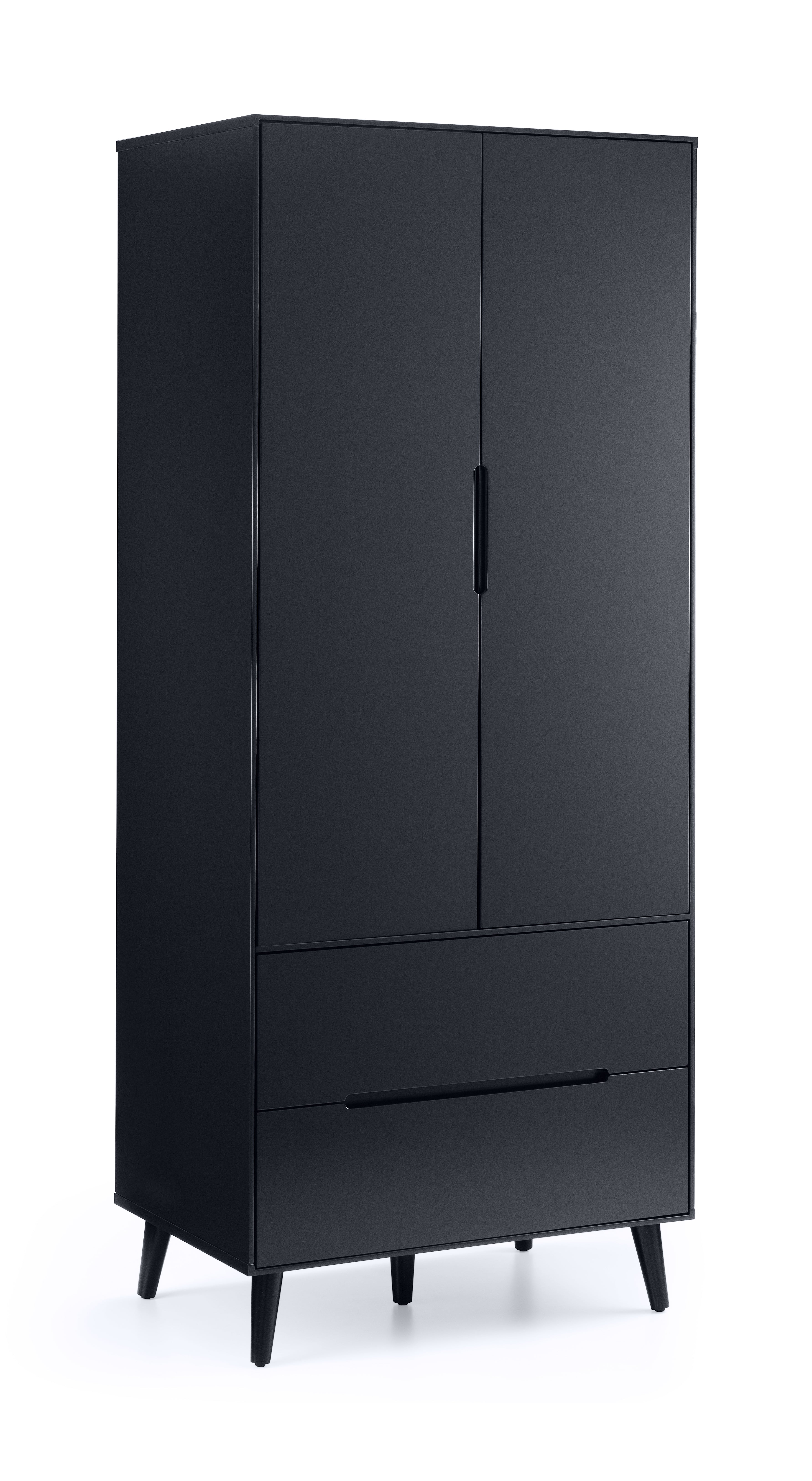 Black wardrobe with two doors and a drawer on a white background